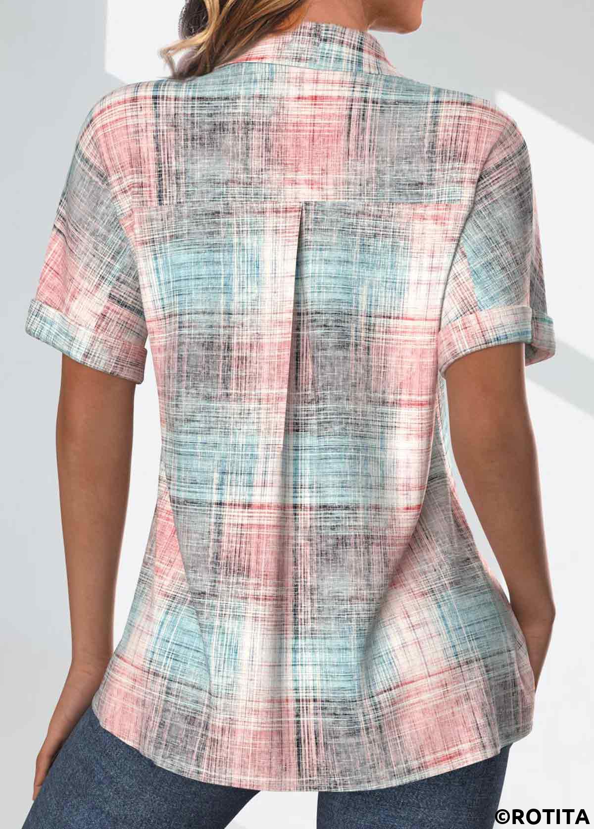 Light Pink tops,Grey tops,Plaid tops,ROTITA Pocket Plaid Light Pink Shirt Collar Short Sleeve Blouse