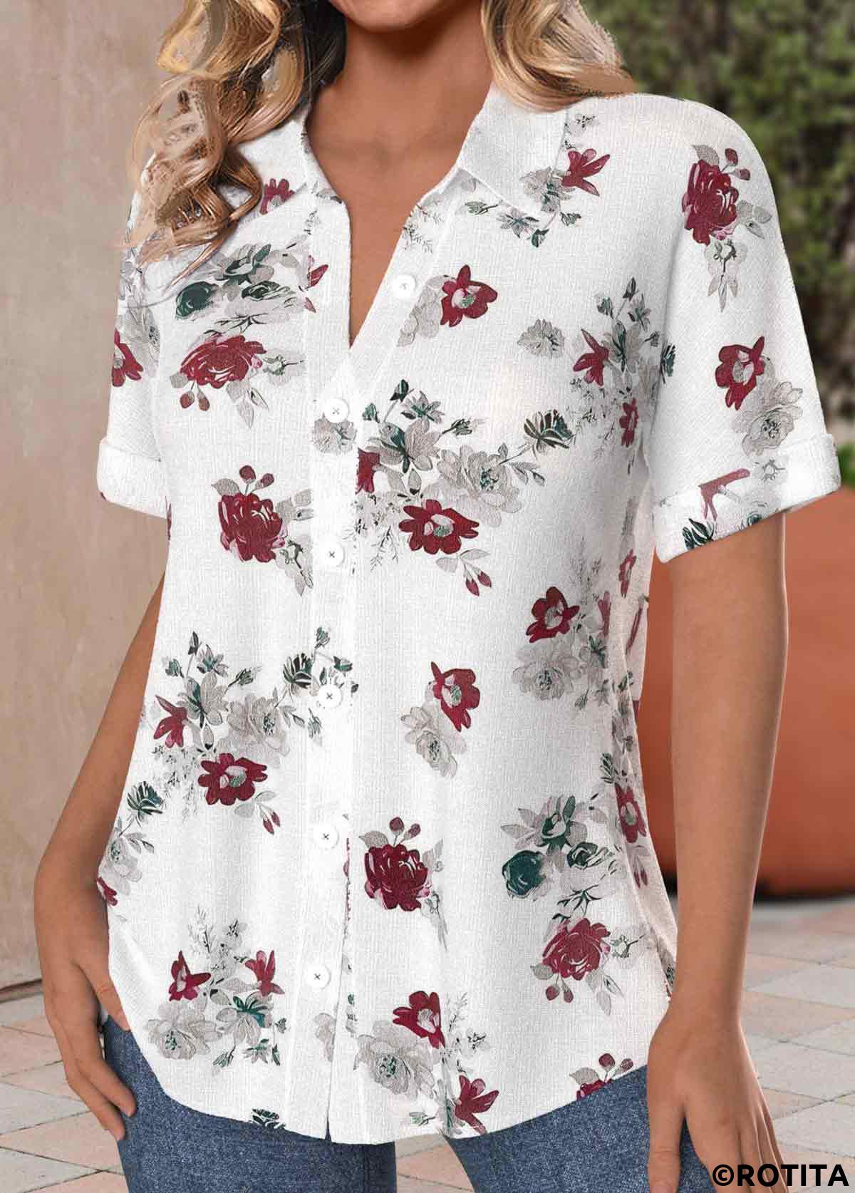 White tops,Floral tops,Plants tops,ROTITA Button Floral Print White Shirt Collar Short Sleeve Blouse