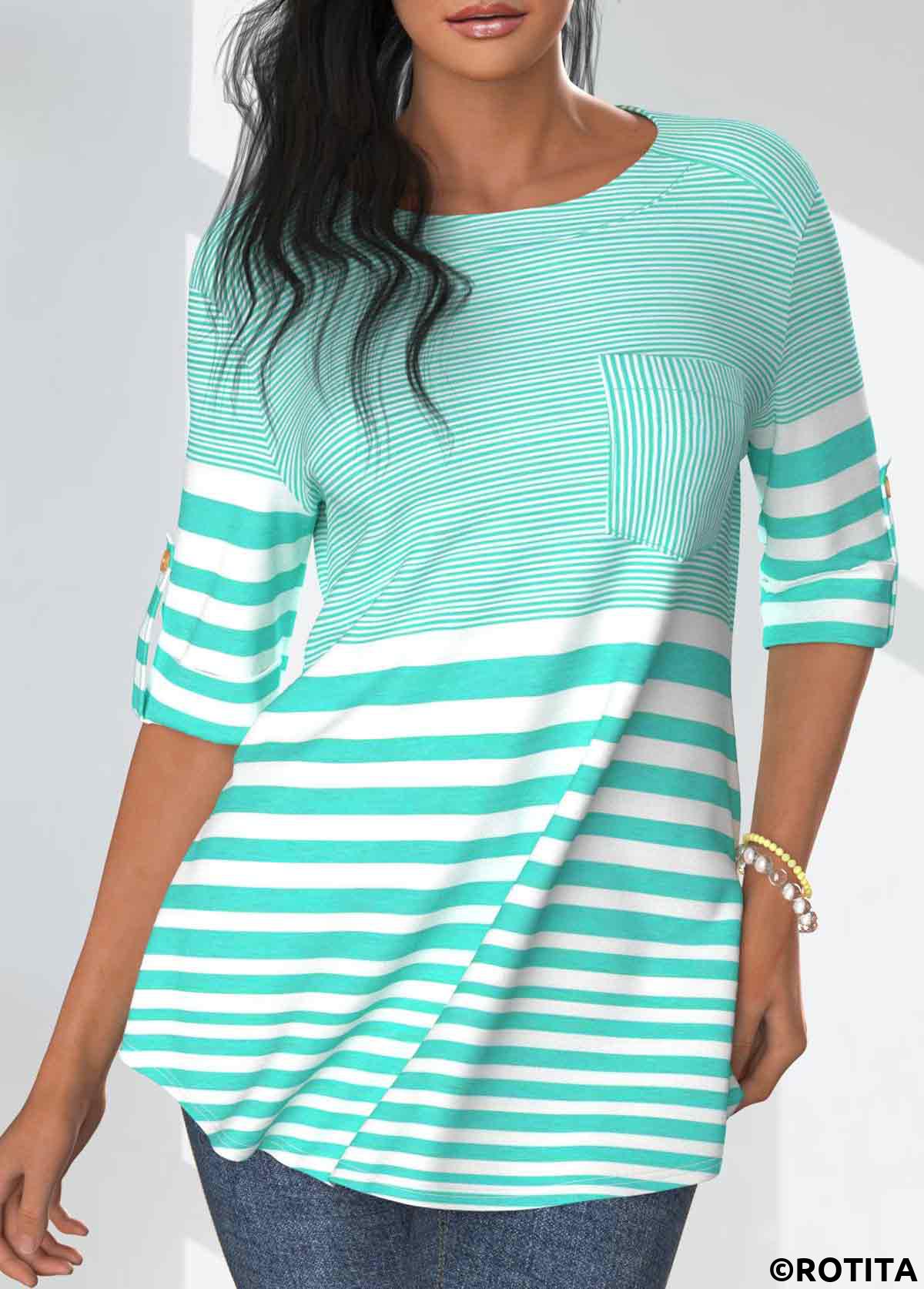 Mint Green tops,Striped tops,Geometric tops,ROTITA Pocket Striped Mint Green Round Neck T Shirt