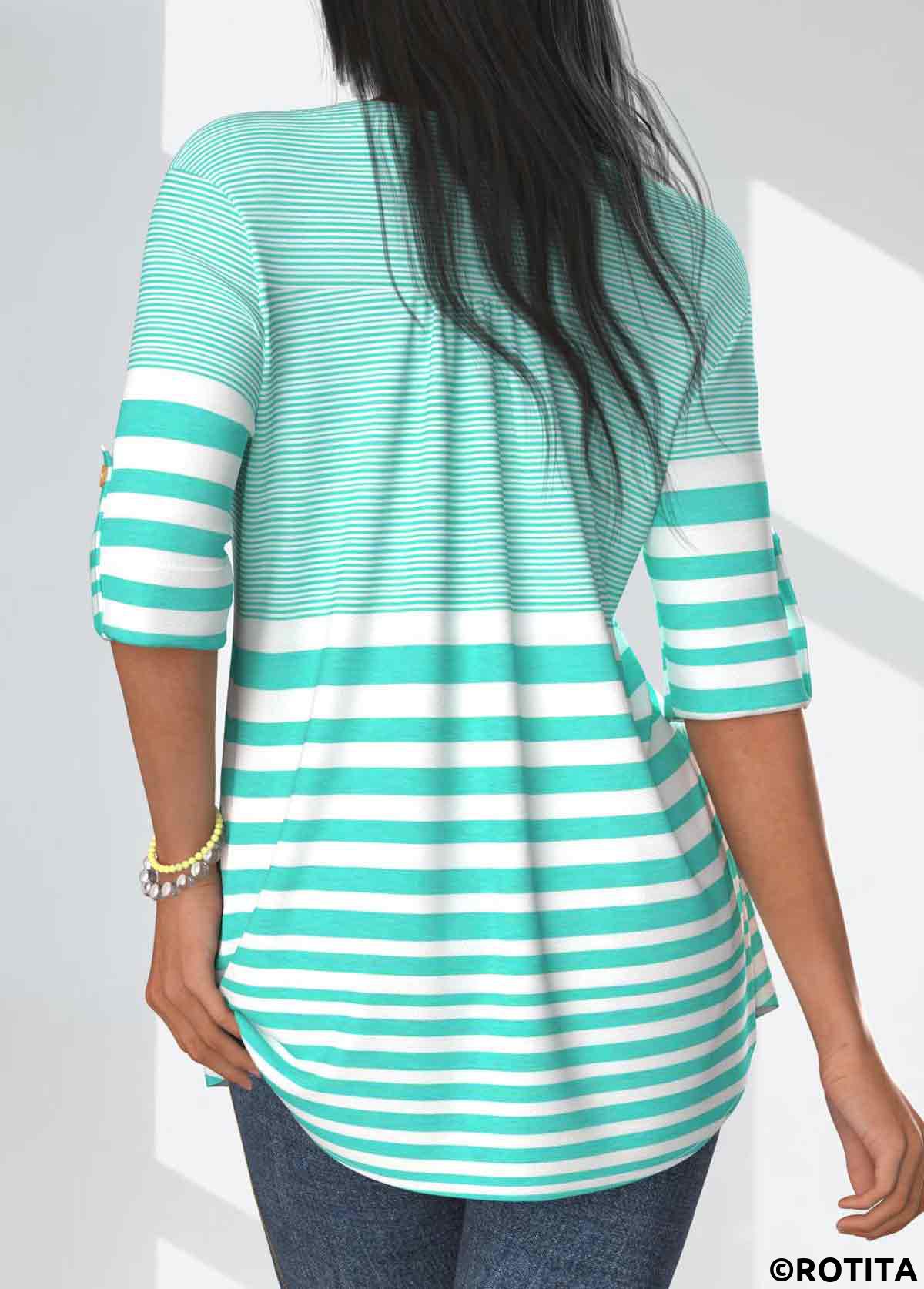 Mint Green tops,Striped tops,Geometric tops,ROTITA Pocket Striped Mint Green Round Neck T Shirt