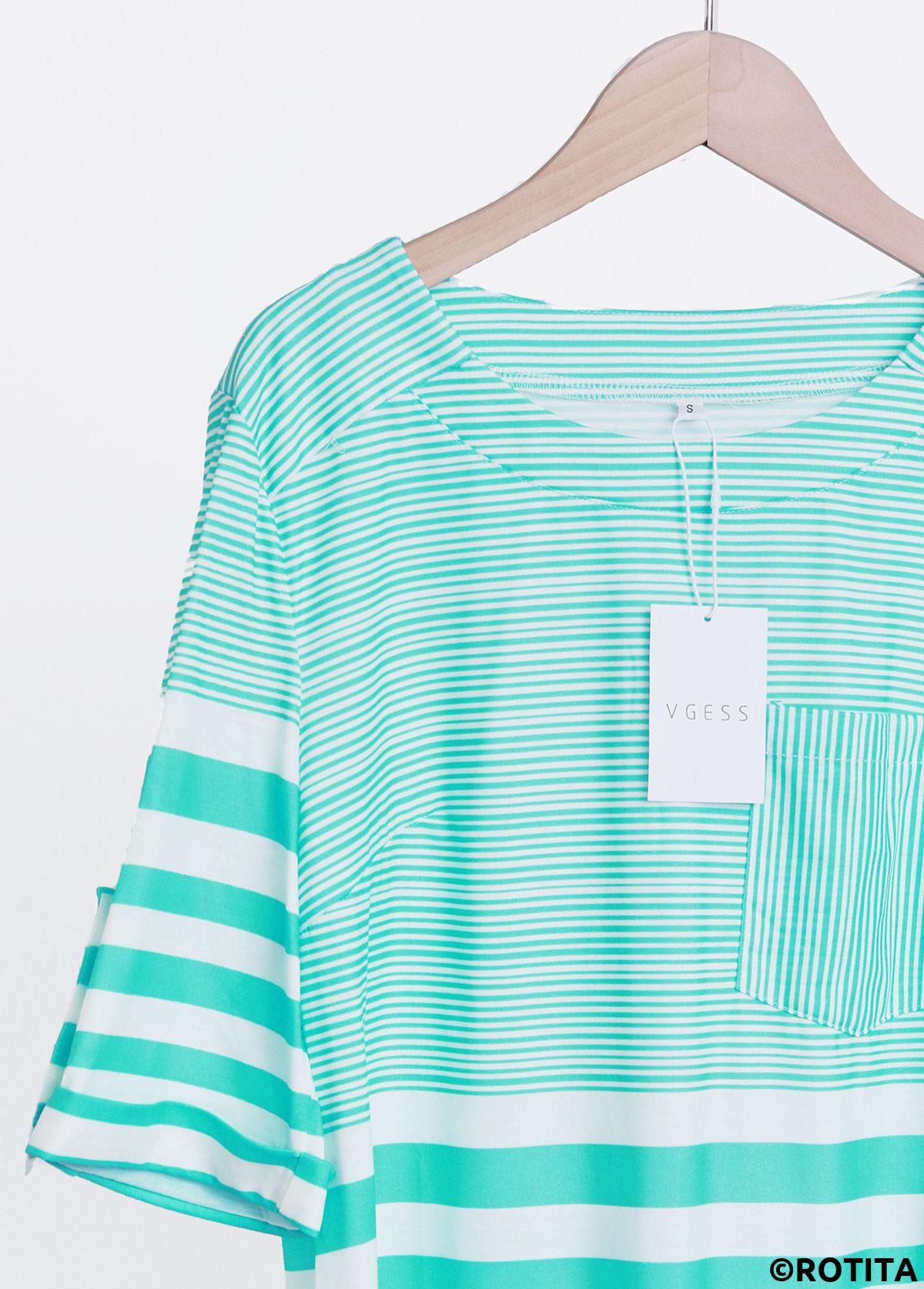 Mint Green tops,Striped tops,Geometric tops,ROTITA Pocket Striped Mint Green Round Neck T Shirt