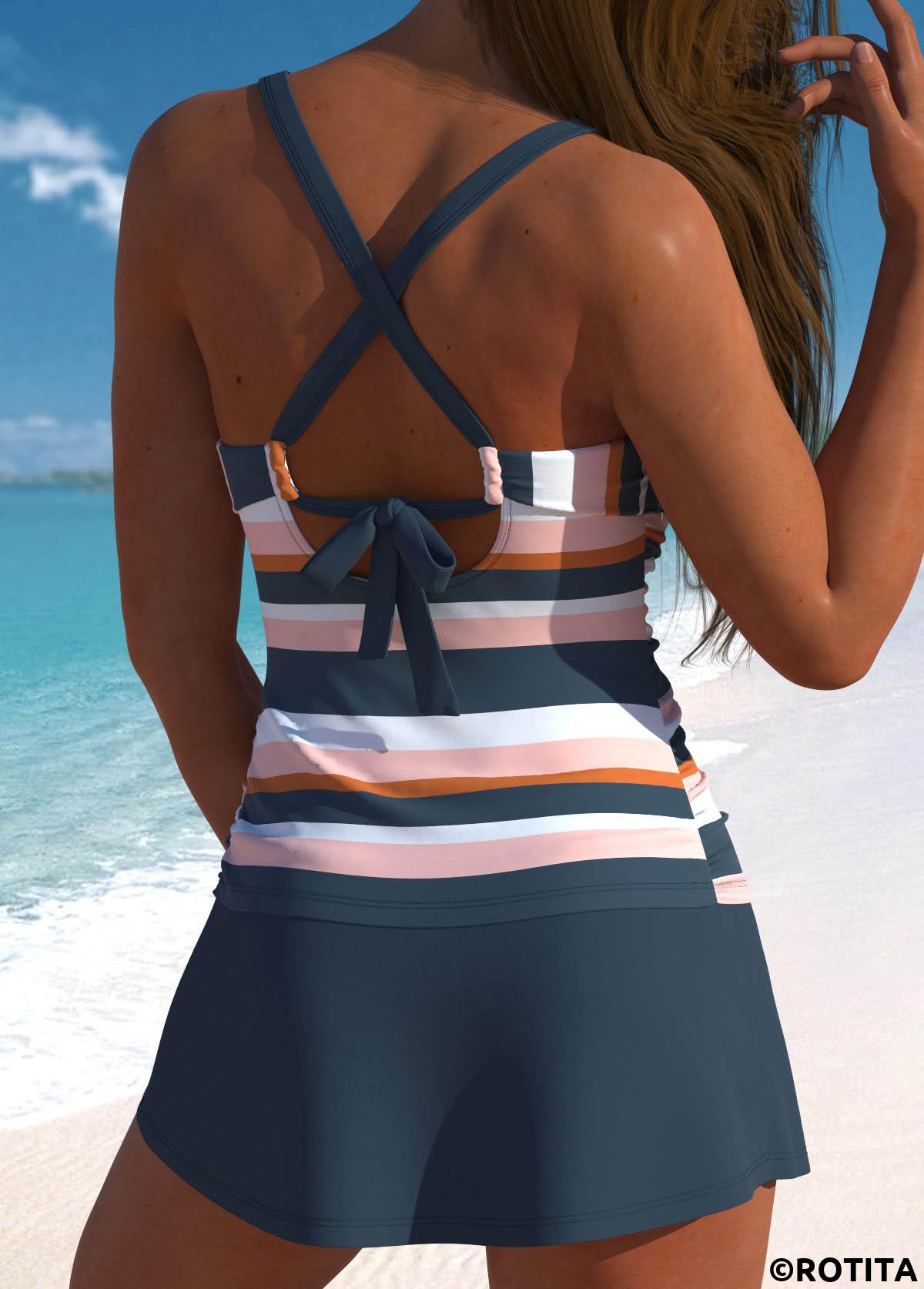 Dark Grey swimwear,Pink swimwear,Striped swimwear,Geometric swimwear,ROTITA Criss Cross Dark Grey Multi Stripe Print Tankini Set