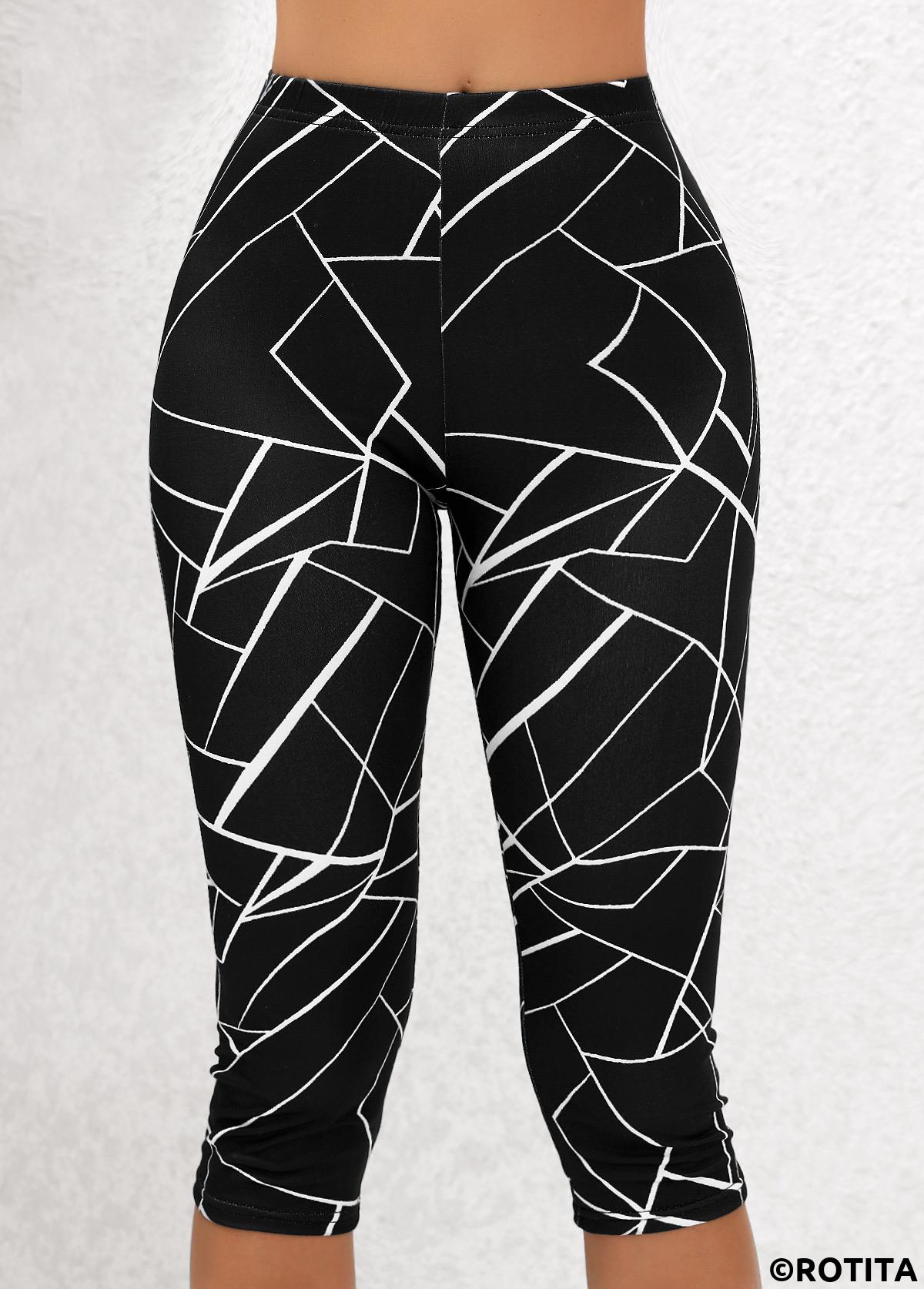 Black bottoms,Geometric bottoms,Geometric Print Black High Waisted Elastic Waist Capri Leggings