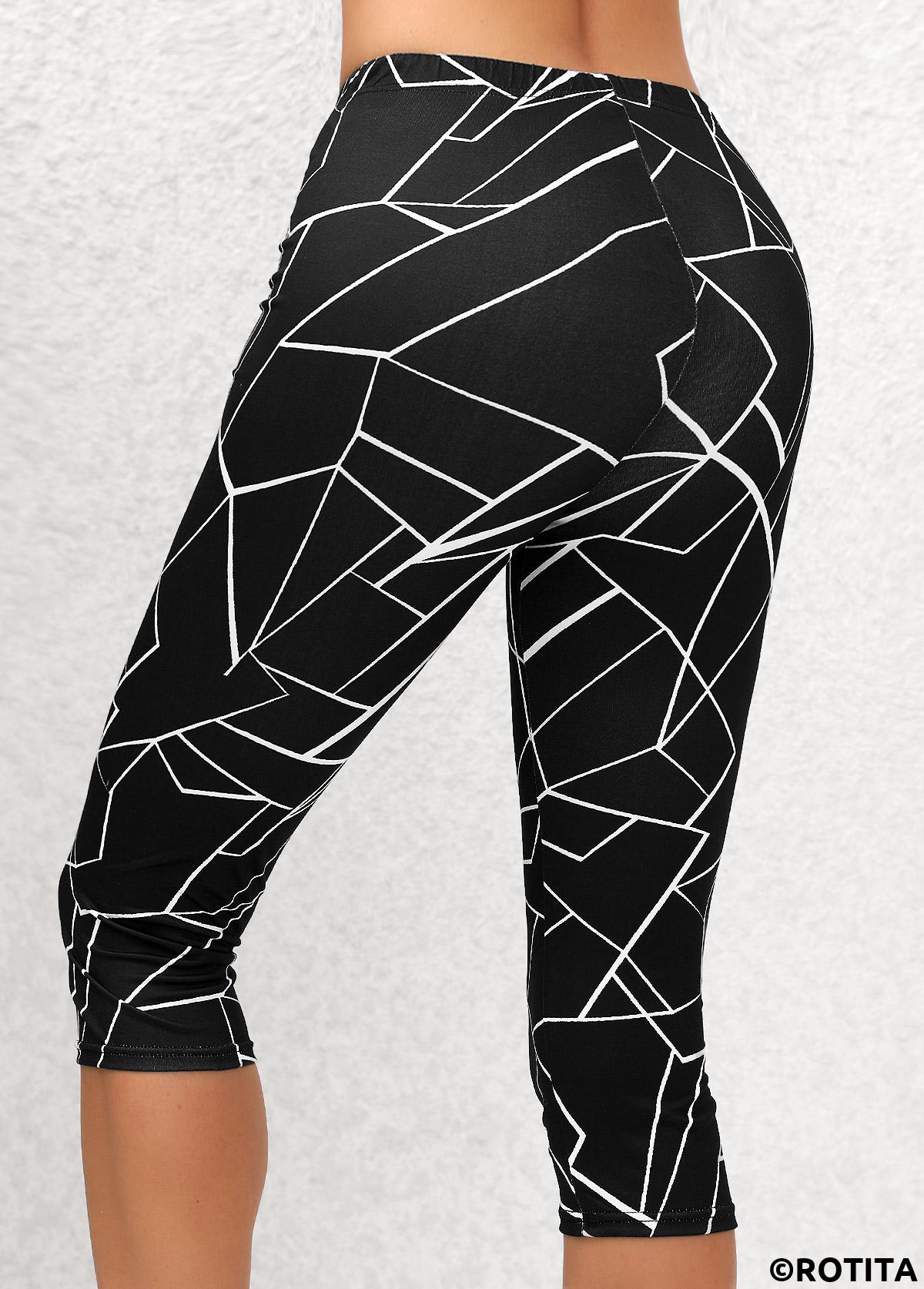 Black bottoms,Geometric bottoms,Geometric Print Black High Waisted Elastic Waist Capri Leggings