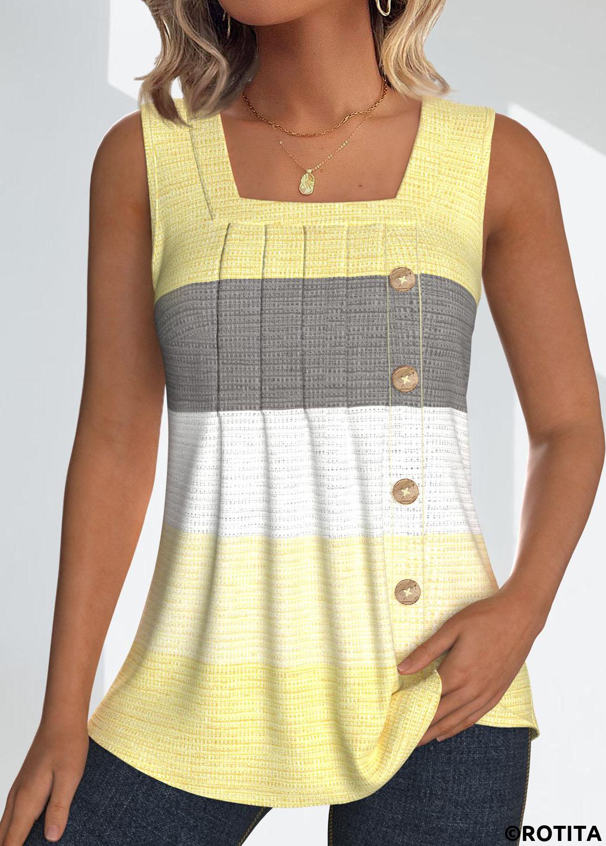 Light Yellow tops,Dark Grey tops,Striped tops,Geometric tops,ROTITA Button Striped Light Yellow Square Neck Sleeveless Tank Top
