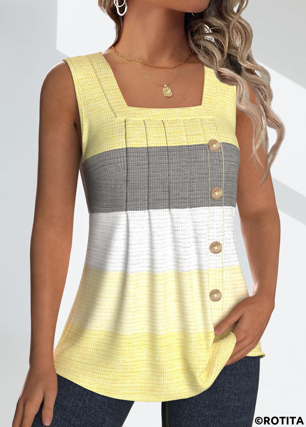 Light Yellow tops,Dark Grey tops,Striped tops,Geometric tops,ROTITA Button Striped Light Yellow Square Neck Sleeveless Tank Top