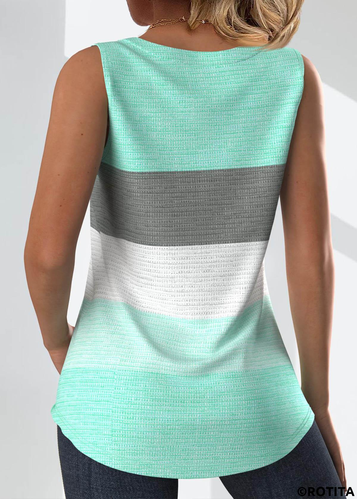 Mint Green tops,Striped tops,Geometric tops,ROTITA Button Striped Mint Green Square Neck Sleeveless Tank Top
