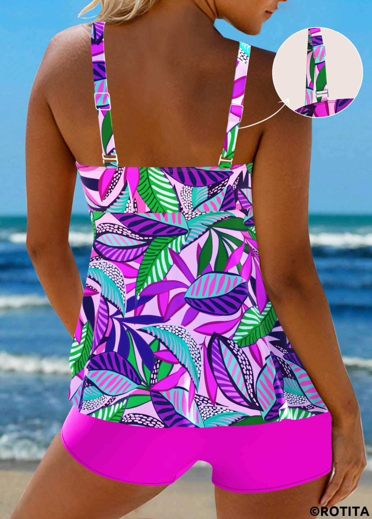 Hot Pink swimwear,Floral swimwear,Plants swimwear,Dot swimwear,ROTITA Smocked Hot Pink Floral Print Tankini Set