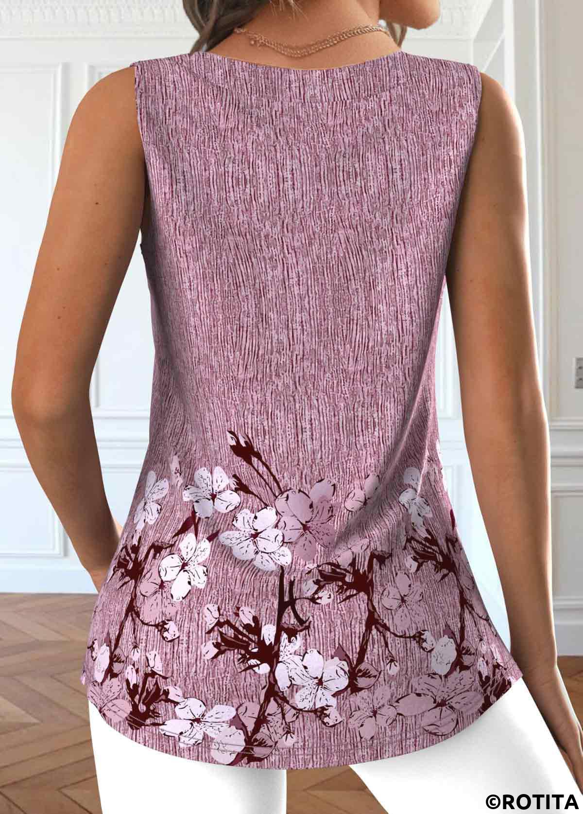 Dark Reddish Purple tops,Floral tops,Plants tops,ROTITA Button Floral Print Dark Reddish Purple Sleeveless Tank Top