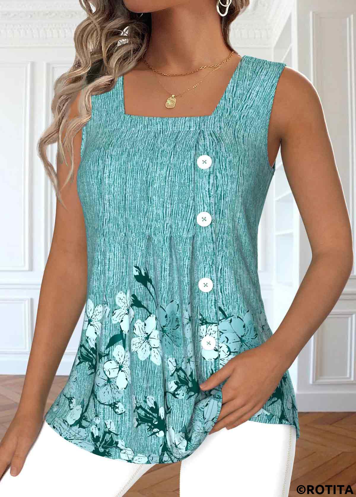 Mint Green tops,Floral tops,Plants tops,ROTITA Button Floral Print Mint Green Square Neck Tank Top