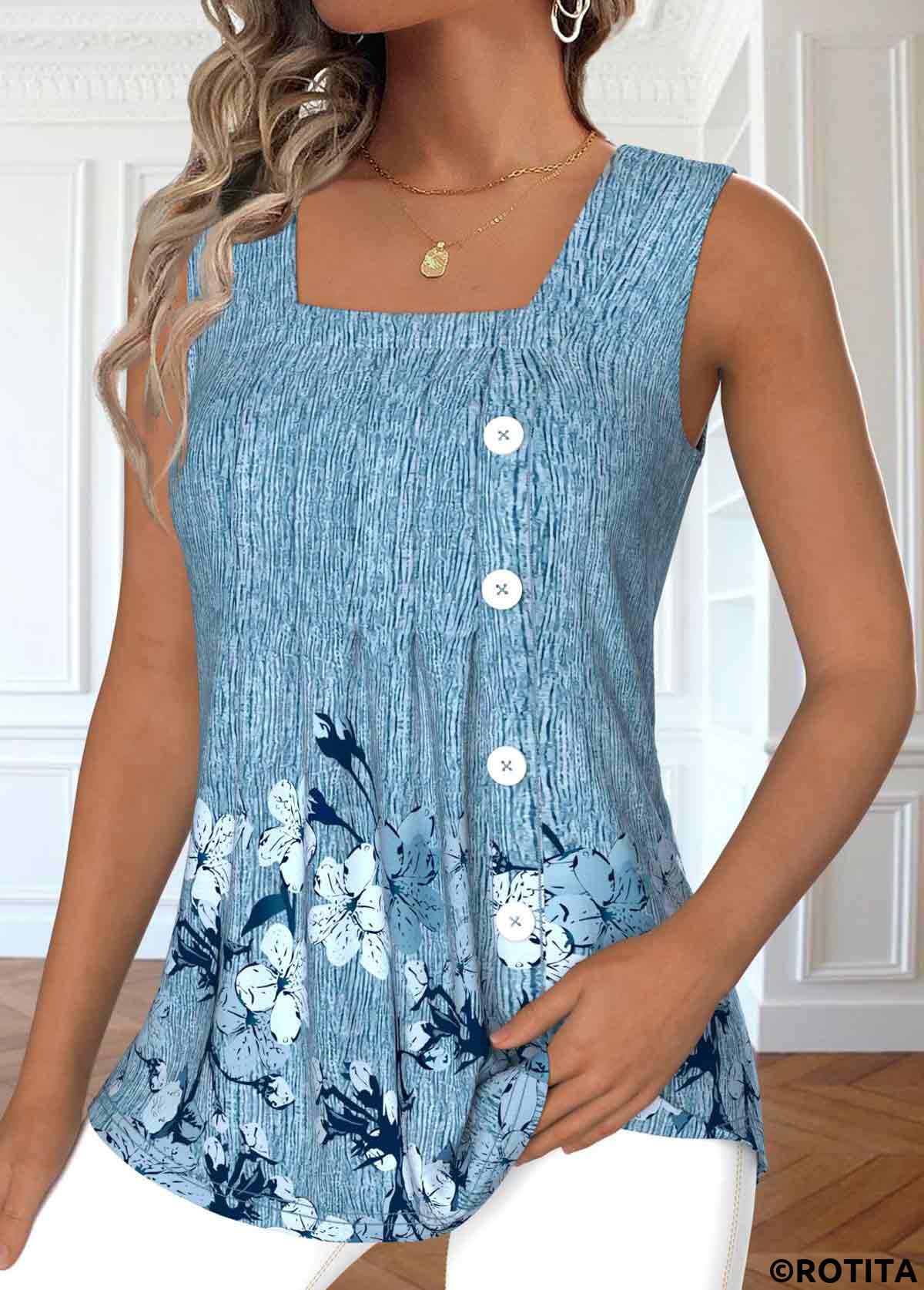 Dusty Blue plus size,Floral plus size,ROTITA Plus Size Button Dusty Blue Floral Print Tank Top