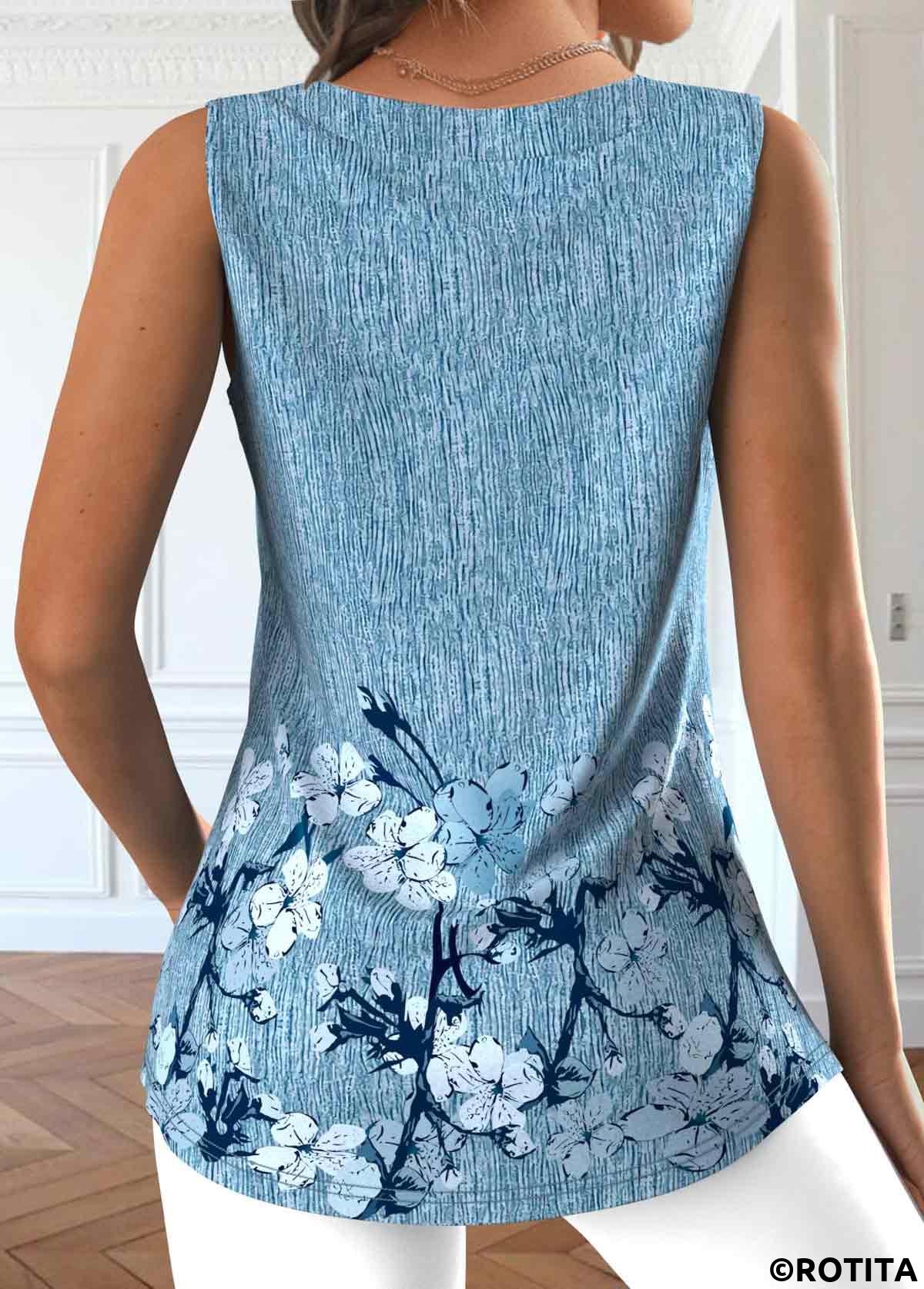 Dusty Blue plus size,Floral plus size,ROTITA Plus Size Button Dusty Blue Floral Print Tank Top