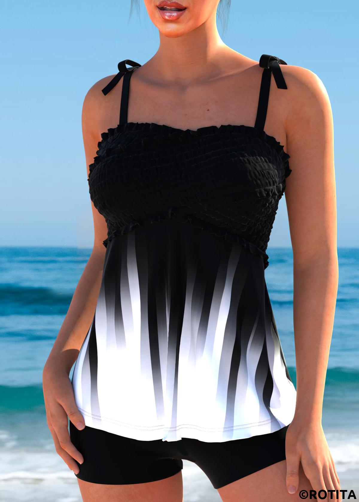 Black swimwear,Ombre swimwear,ROTITA Bowknot Smocked Black Ombre Tankini Top