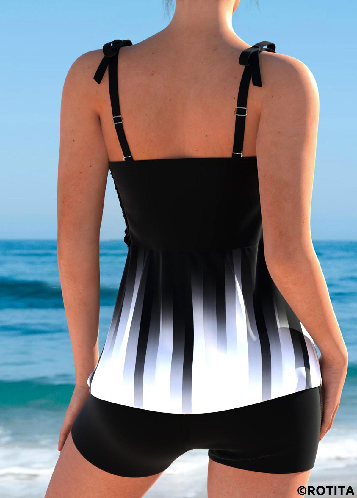 Black swimwear,Ombre swimwear,ROTITA Bowknot Smocked Black Ombre Tankini Top
