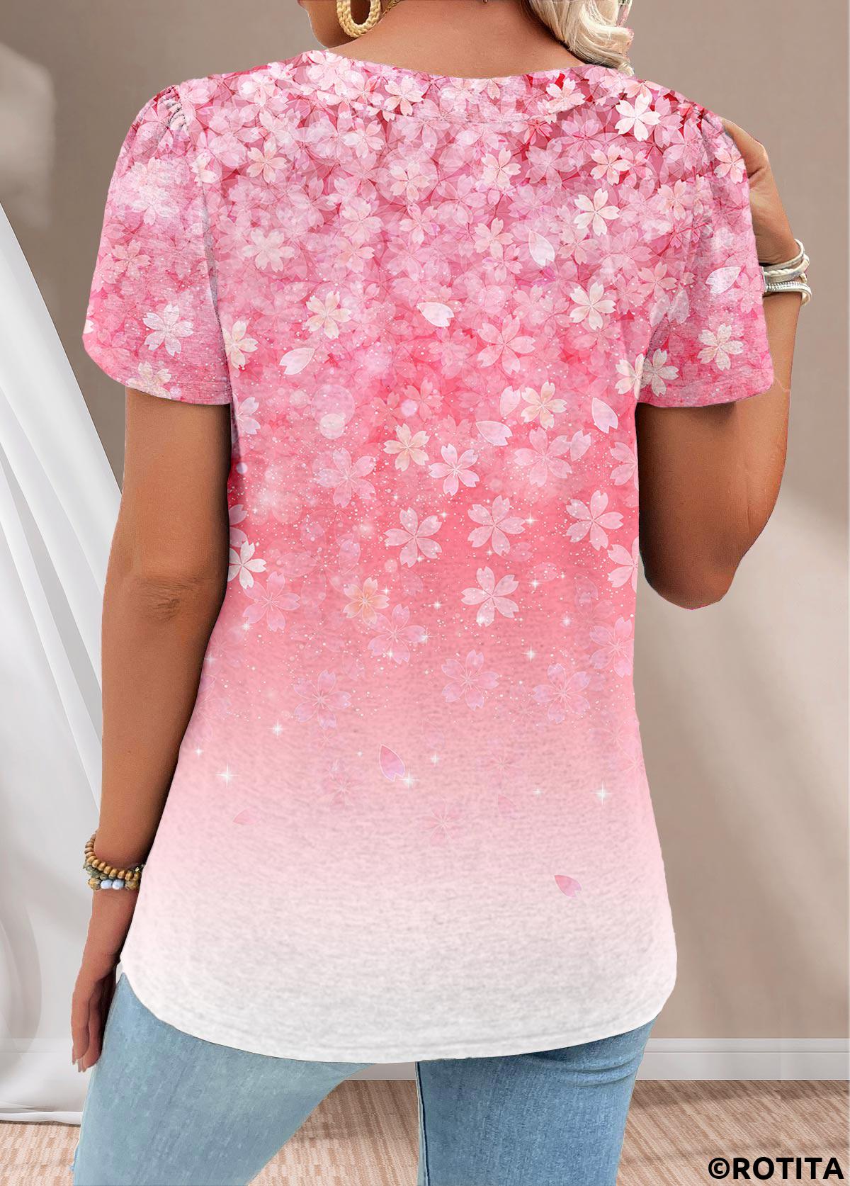 Rotita-T-Shirt mit Blumenmuster und quadratischem Ausschnitt in Rosa mit Knöpfen
