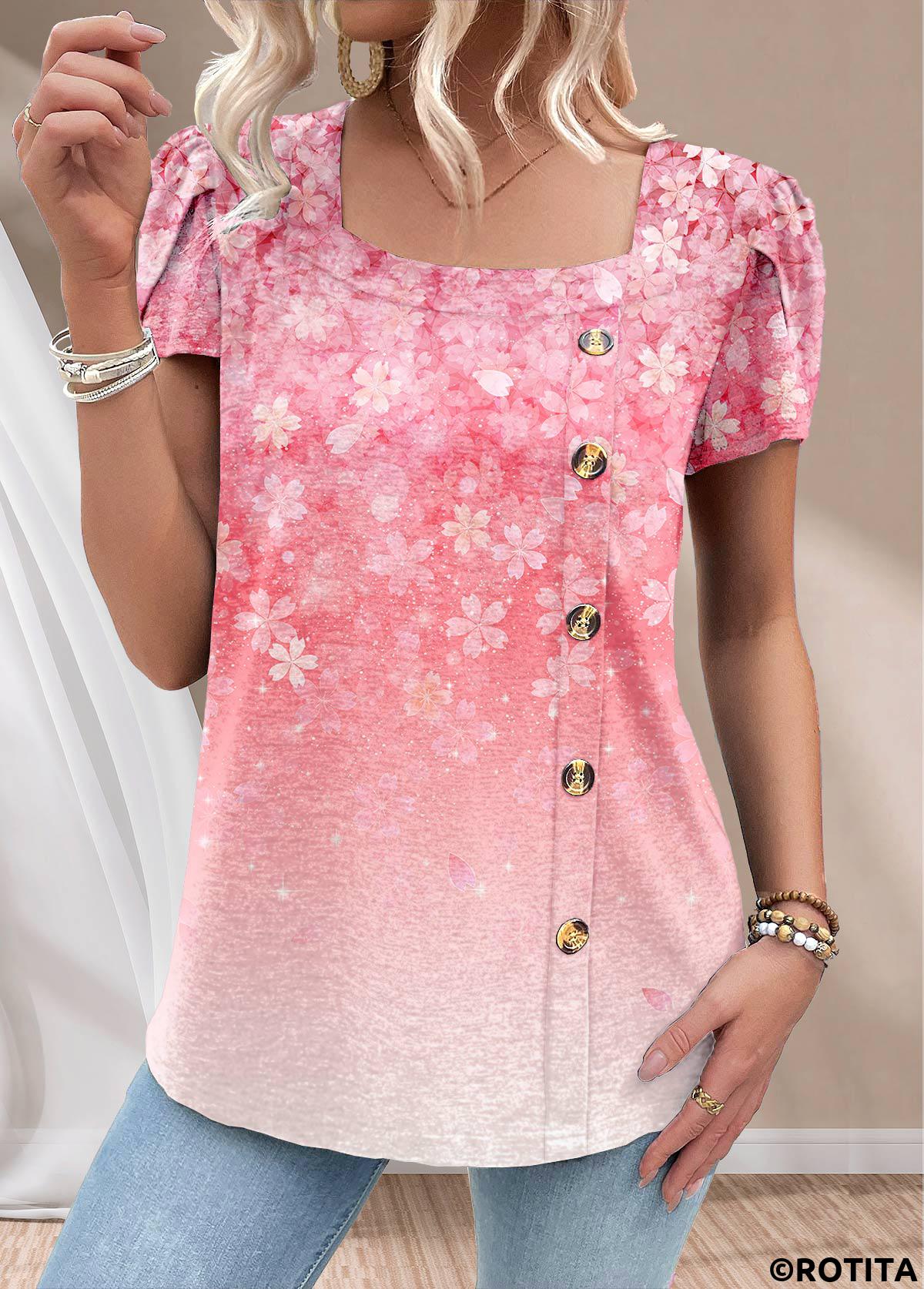 Rotita-T-Shirt mit Blumenmuster und quadratischem Ausschnitt in Rosa mit Knöpfen