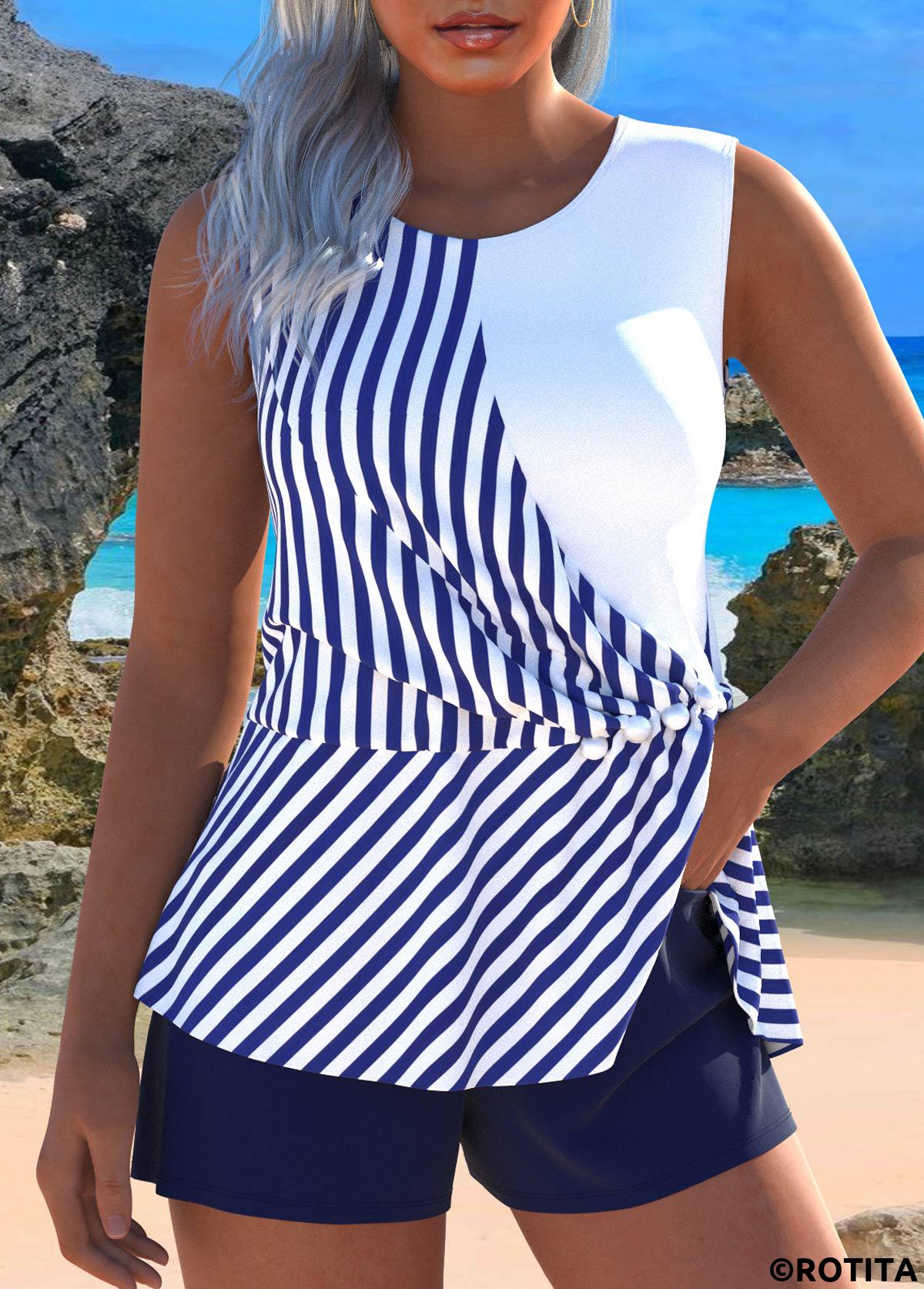 Navy swimwear,Striped swimwear,Geometric swimwear,ROTITA Ruched Button Navy Striped Tankini Set