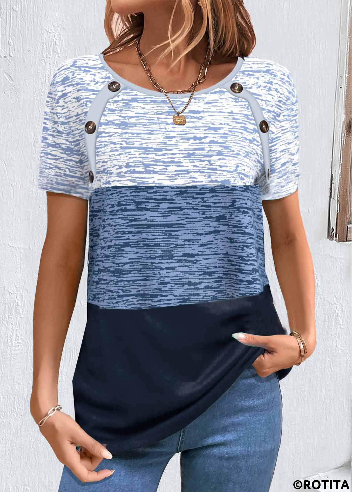 Blue tops,Geometric tops,Contrast Color tops,ROTITA Patchwork Geometric Print Blue Round Neck T Shirt