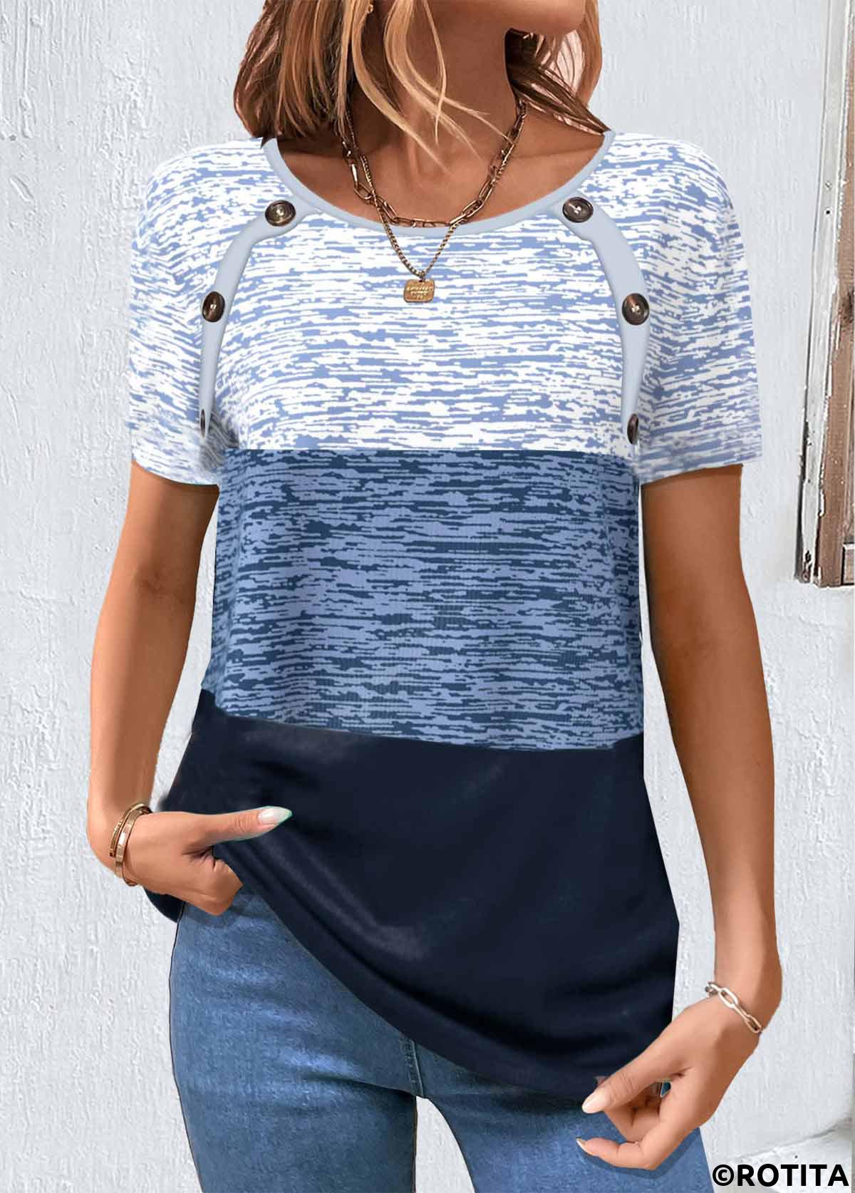 Blue tops,Geometric tops,Contrast Color tops,ROTITA Patchwork Geometric Print Blue Round Neck T Shirt