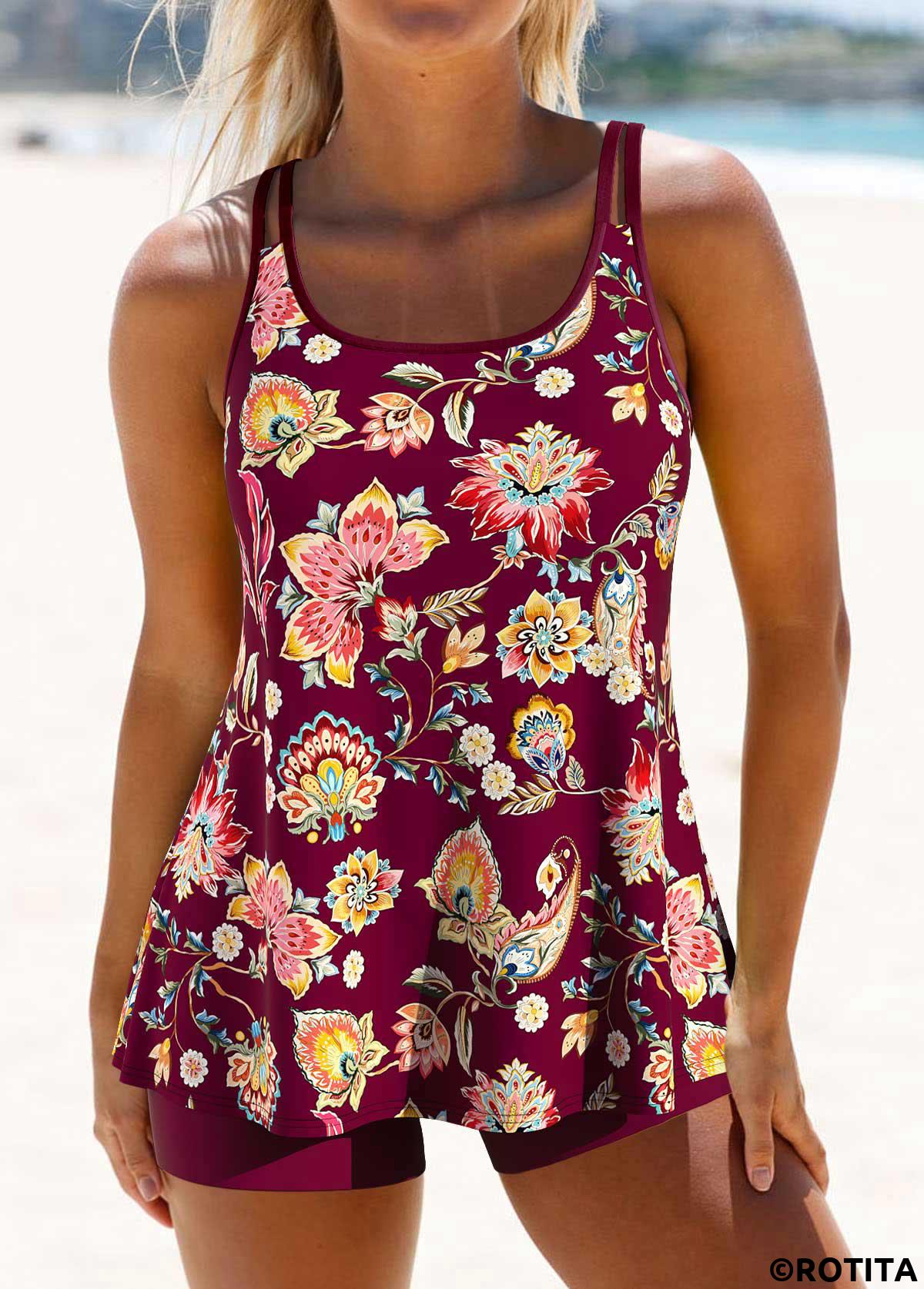 Dark Reddish Purple swimwear,Plants swimwear,ROTITA Lightweight Dark Reddish Purple Random Floral Print Tankini Set