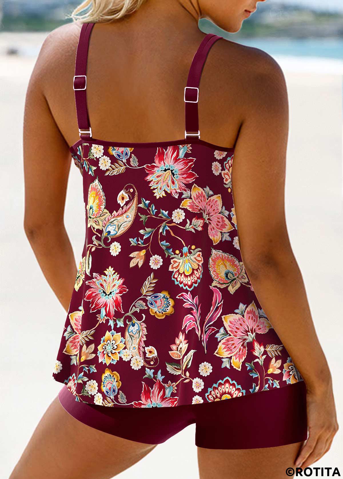 Dark Reddish Purple swimwear,Plants swimwear,ROTITA Lightweight Dark Reddish Purple Random Floral Print Tankini Set