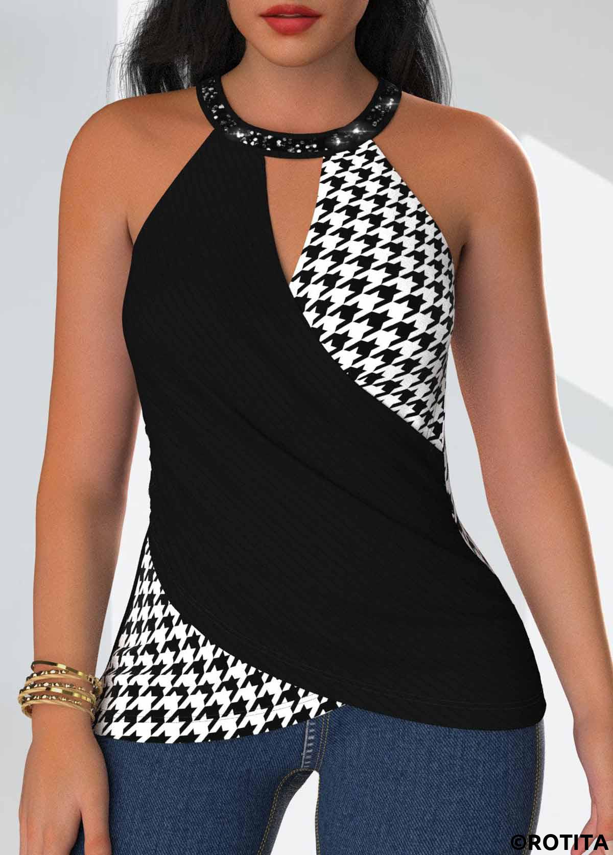 ROTITA Sequin Geometric Print Black Halter Sleeveless Tank Top