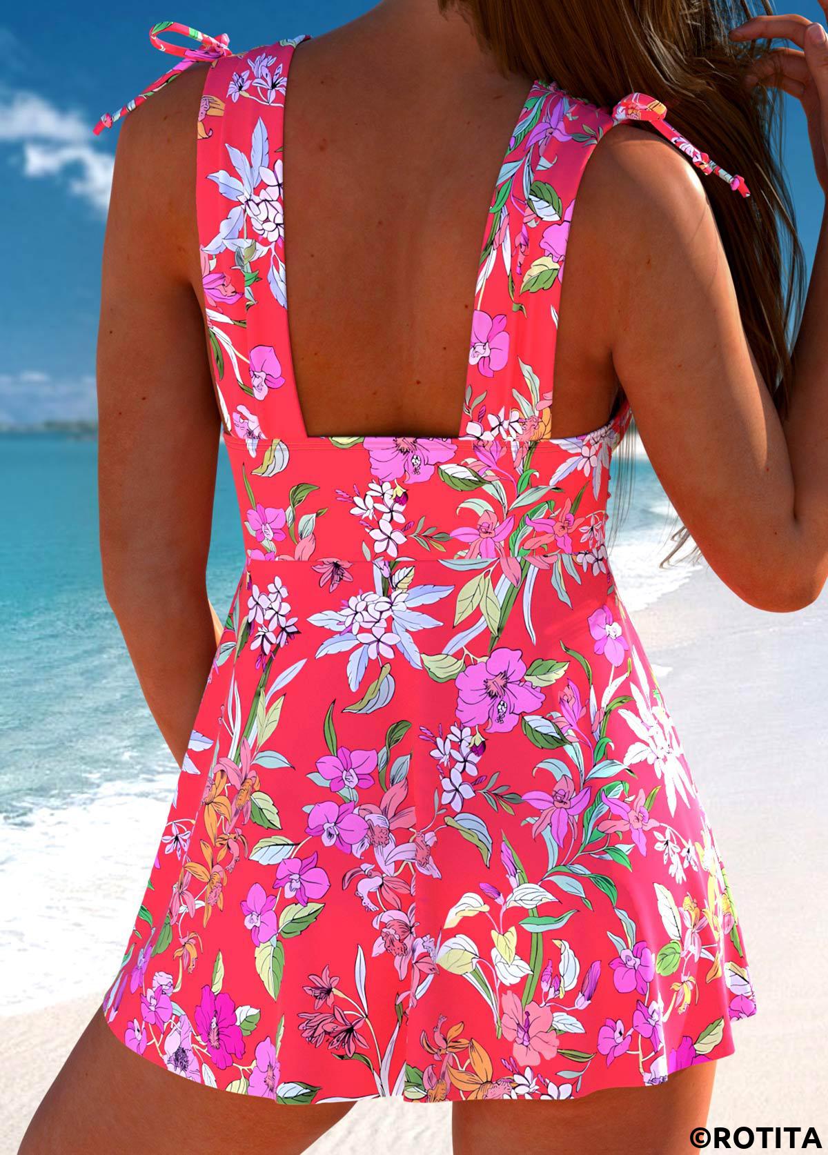 Coral swimwear,Floral swimwear,Plants swimwear,ROTITA Drawstring Coral Floral Print Swimdress and Panty