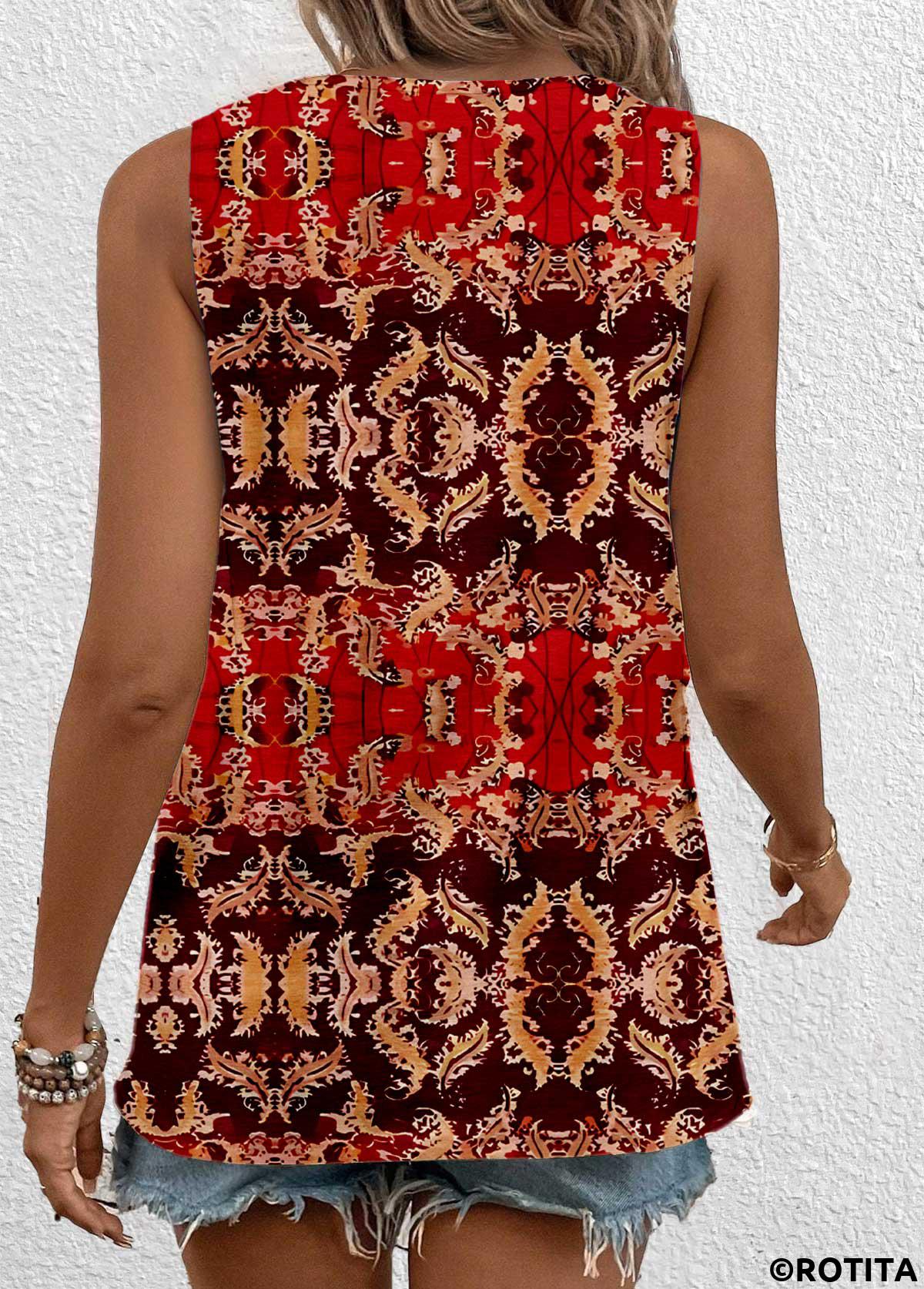 ROTITA Cut Out Tribal Print Red Sleeveless Tank Top