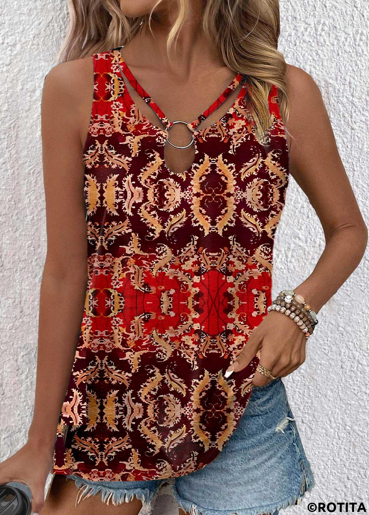 ROTITA Cut Out Tribal Print Red Sleeveless Tank Top