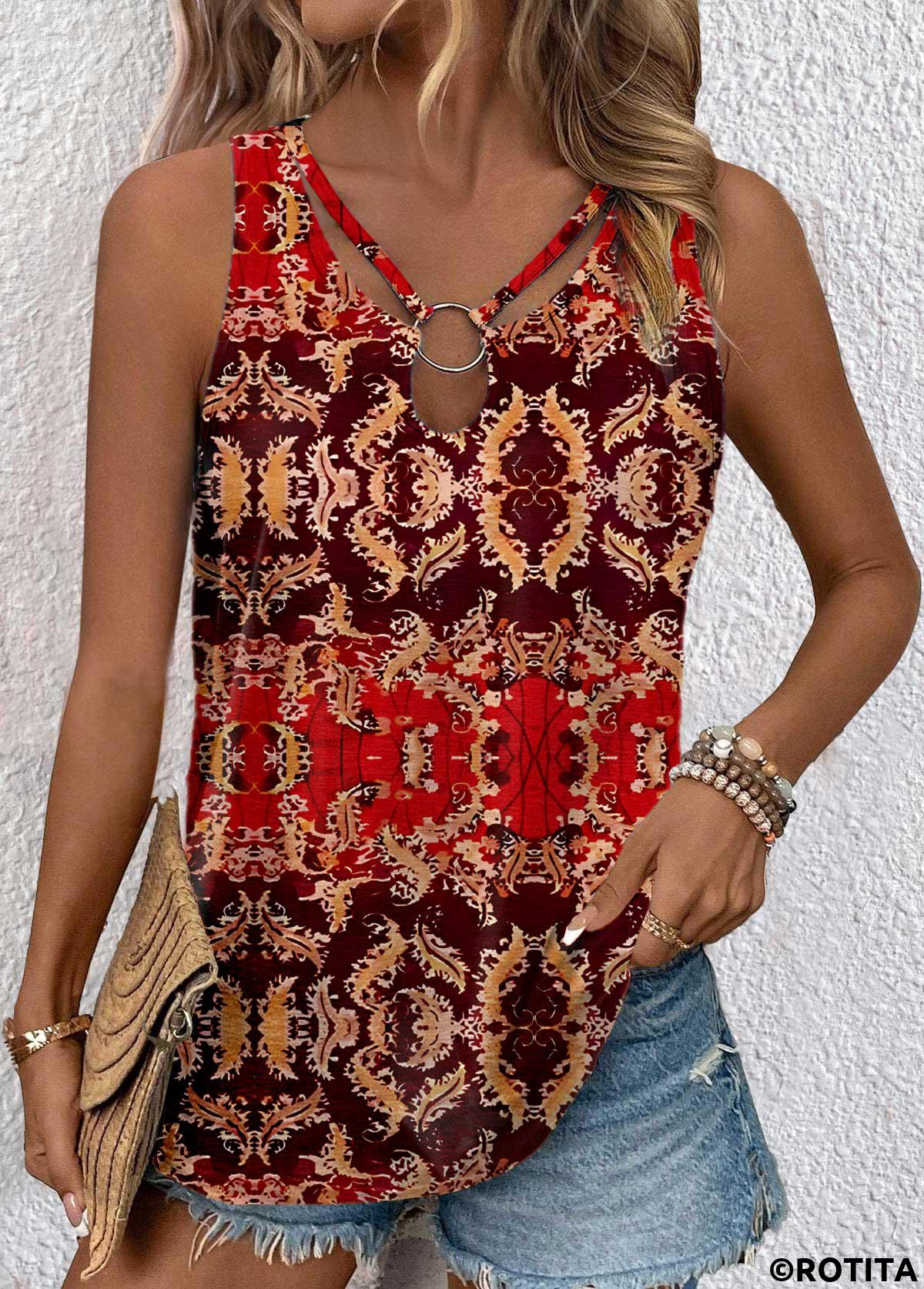 ROTITA Cut Out Tribal Print Red Sleeveless Tank Top