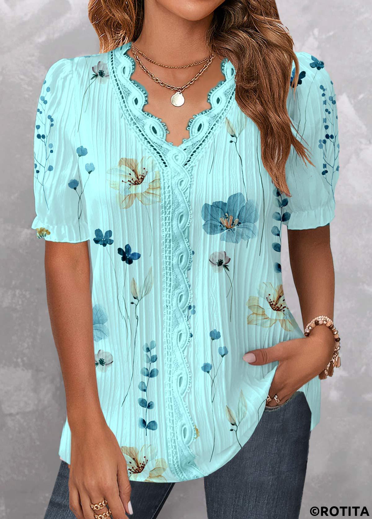 Cyan tops,Floral tops,ROTITA Patchwork Floral Print Cyan V Neck Short Sleeve Blouse