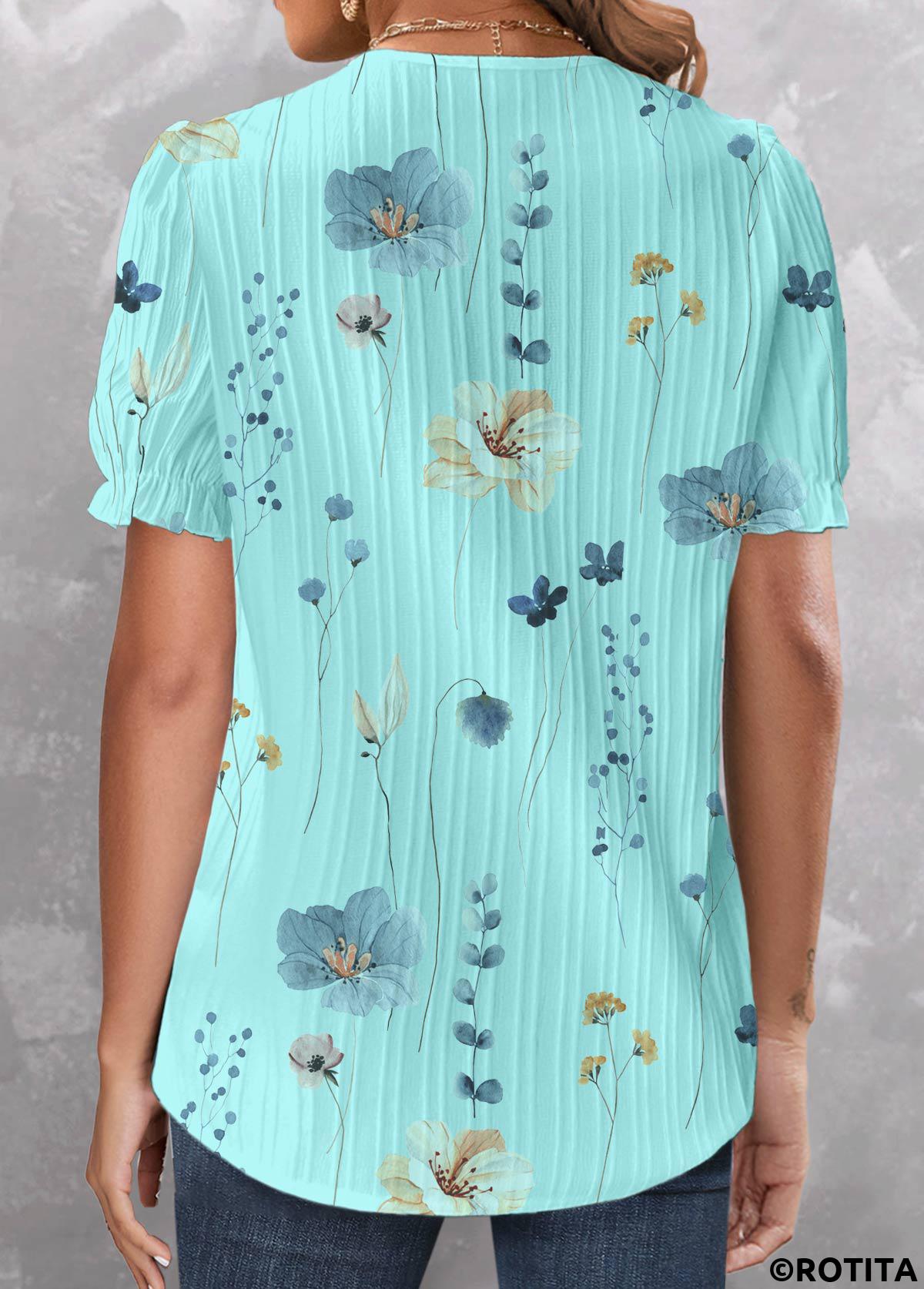 Cyan tops,Floral tops,ROTITA Patchwork Floral Print Cyan V Neck Short Sleeve Blouse