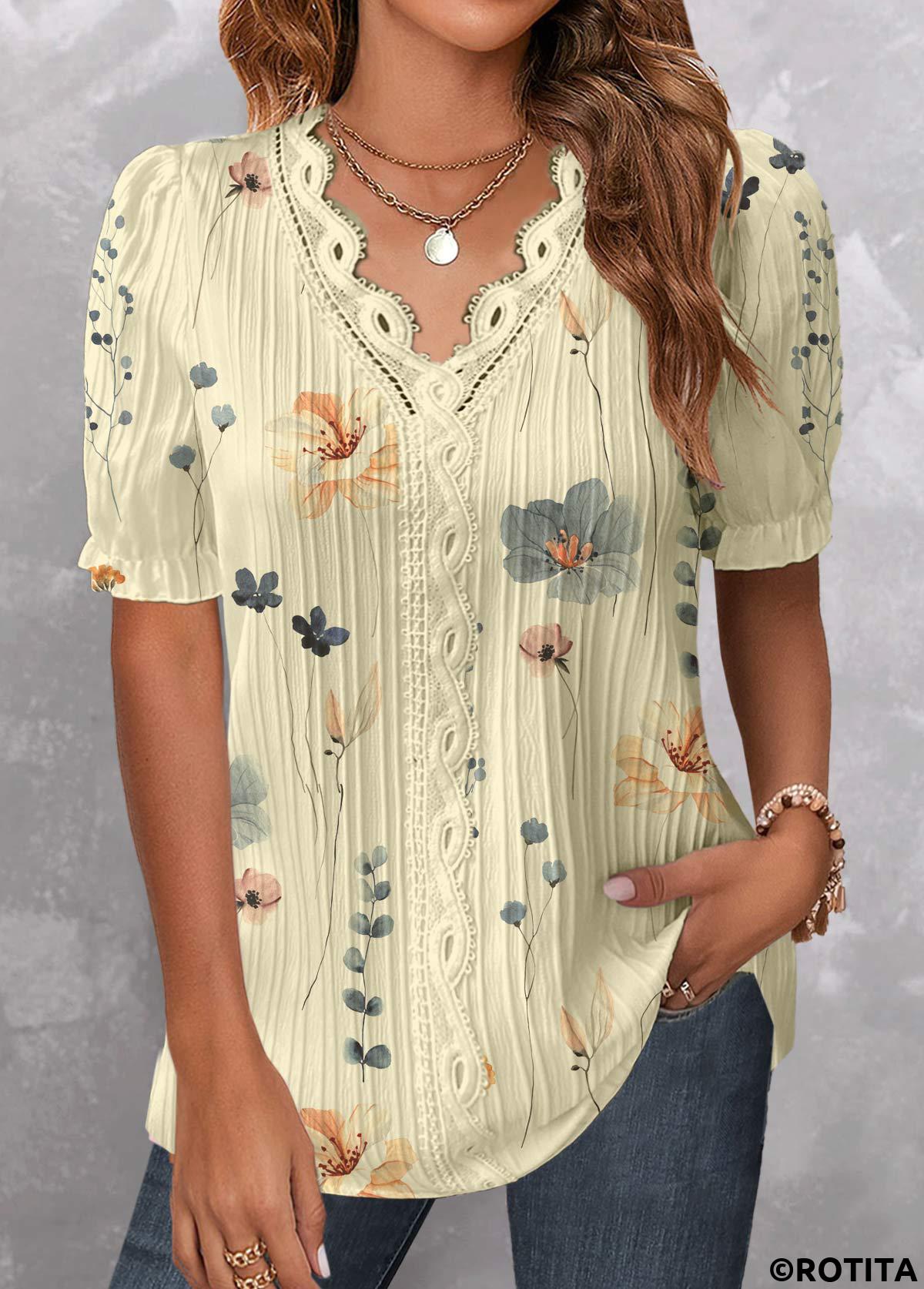 Light Yellow tops,Floral tops,Plants tops,ROTITA Patchwork Floral Print Light Yellow V Neck Blouse