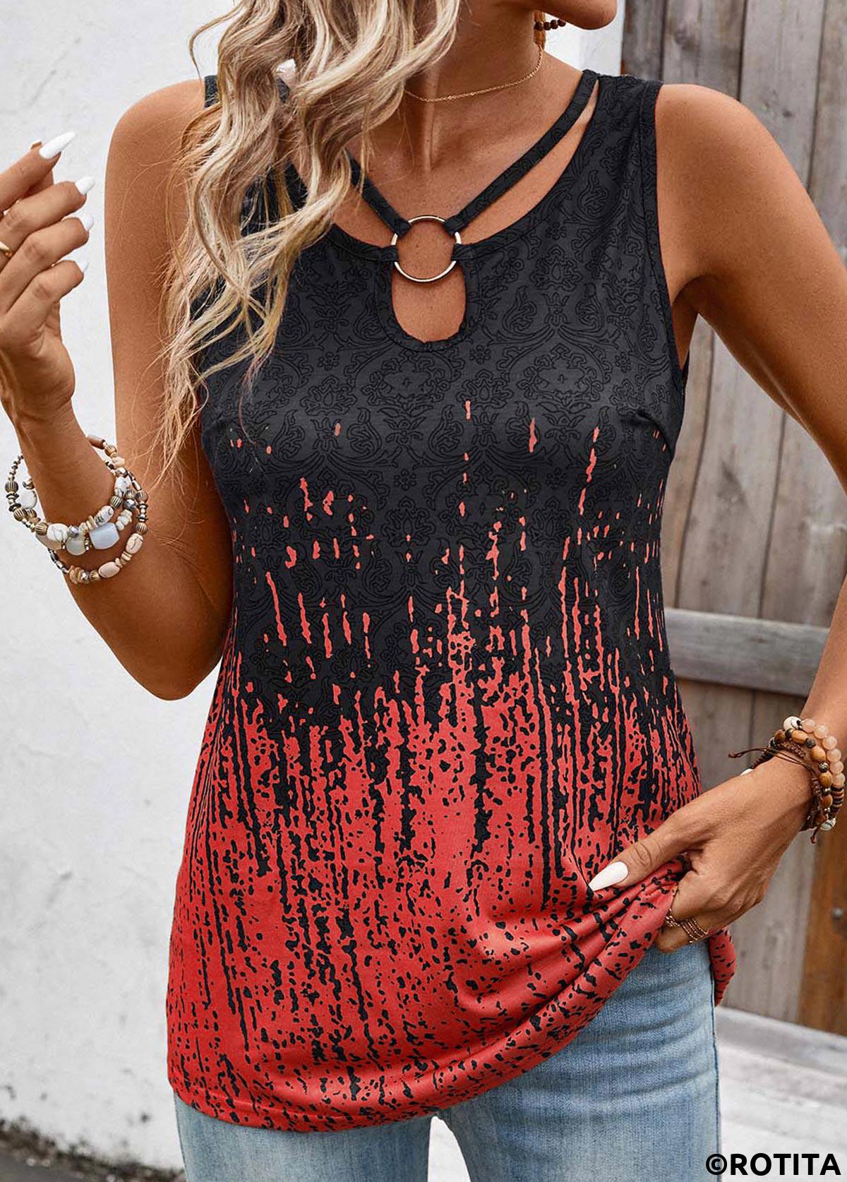Red tops,Tribal tops,ROTITA Plus Size Circular Ring Dark Grey Marl Tank Top