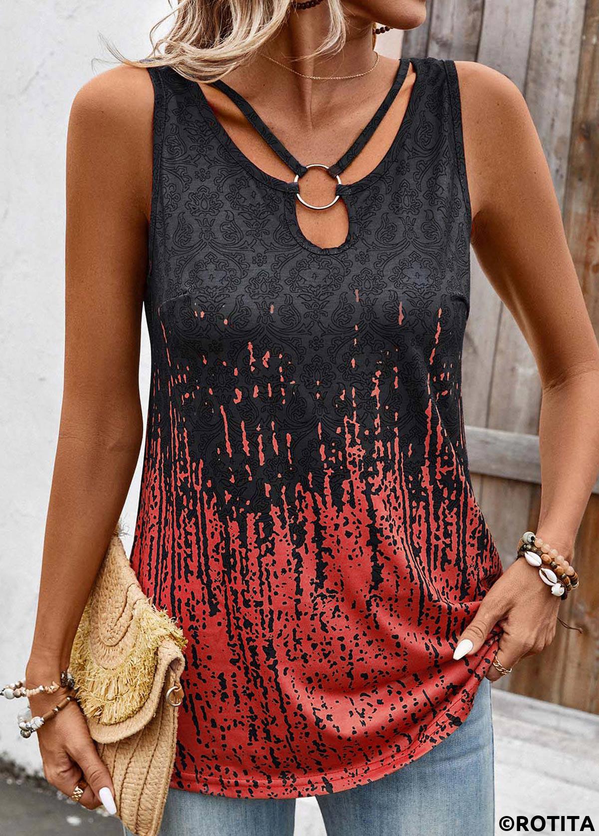 Red tops,Tribal tops,ROTITA Plus Size Circular Ring Dark Grey Marl Tank Top