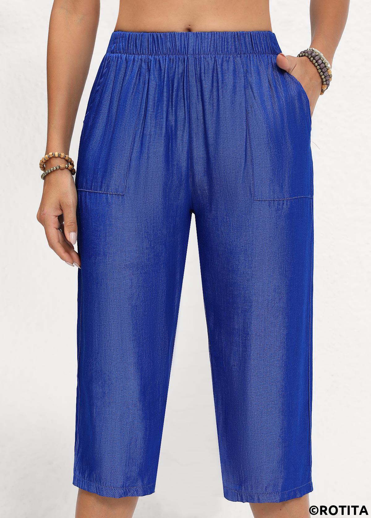 Denim Blue bottoms,Plain Color bottoms,Double Side Pockets Elastic Waist Denim Blue Pants