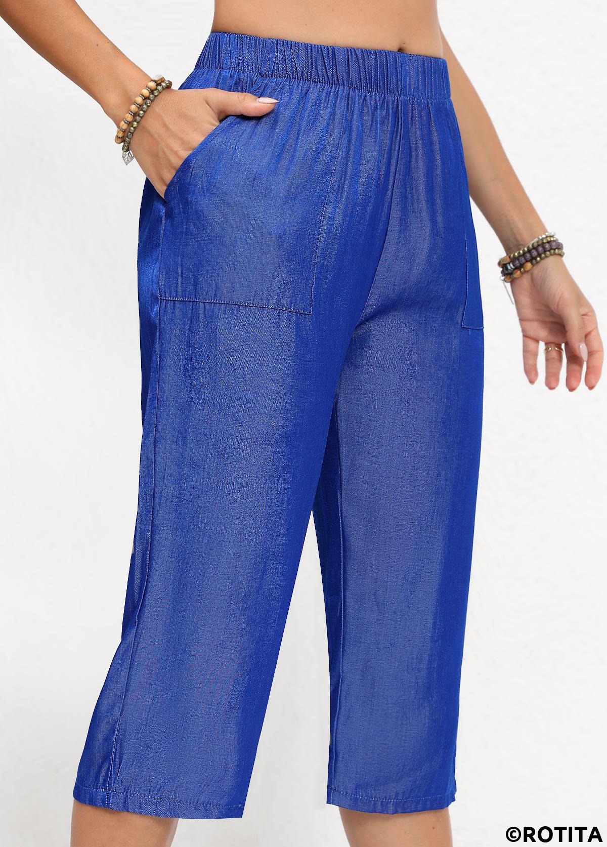 Denim Blue bottoms,Plain Color bottoms,Double Side Pockets Elastic Waist Denim Blue Pants