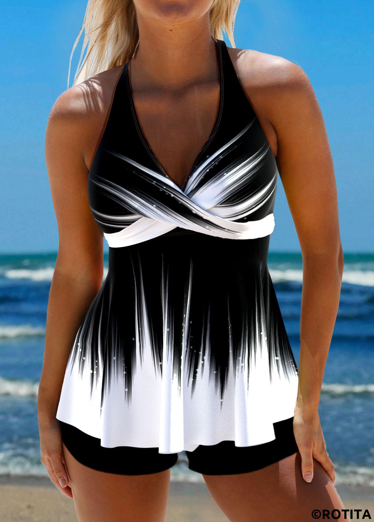 Black swimwear,White swimwear,Ombre swimwear,Striped swimwear,Geometric swimwear,ROTITA Surplice Tie Back Black Ombre Tankini Top