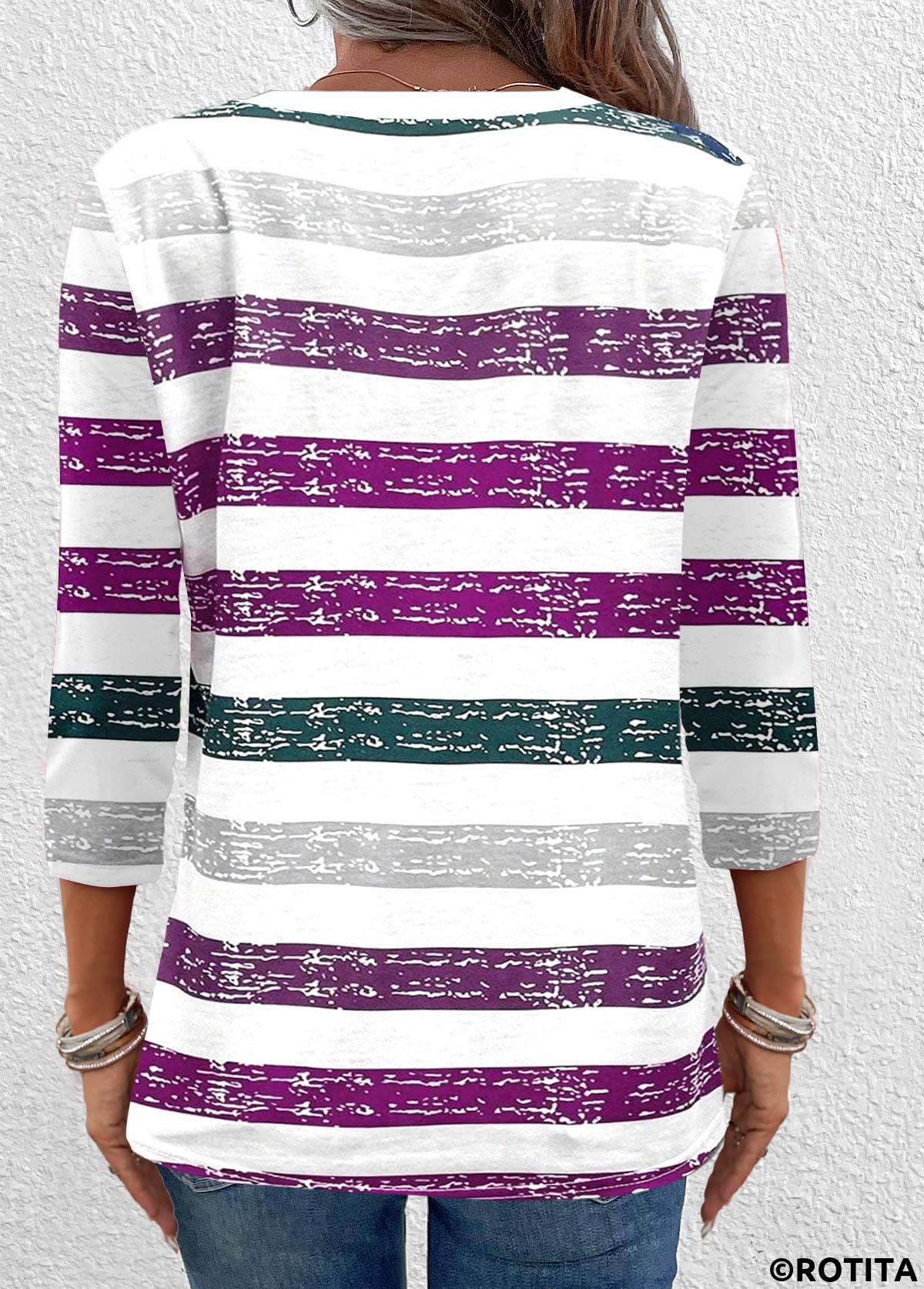 Dark Purple tops,White tops,Striped tops,Geometric tops,ROTITA Button Multi Stripe Print Dark Purple T Shirt