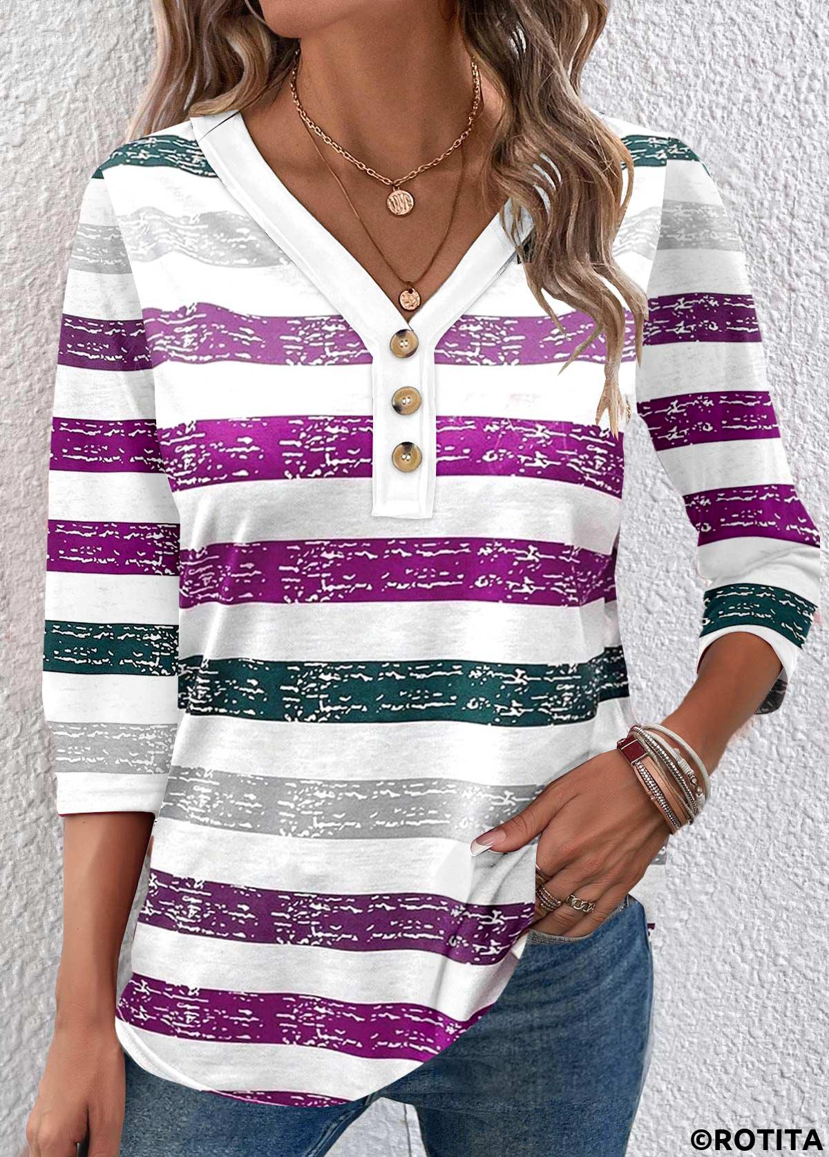 Dark Purple tops,White tops,Striped tops,Geometric tops,ROTITA Button Multi Stripe Print Dark Purple T Shirt