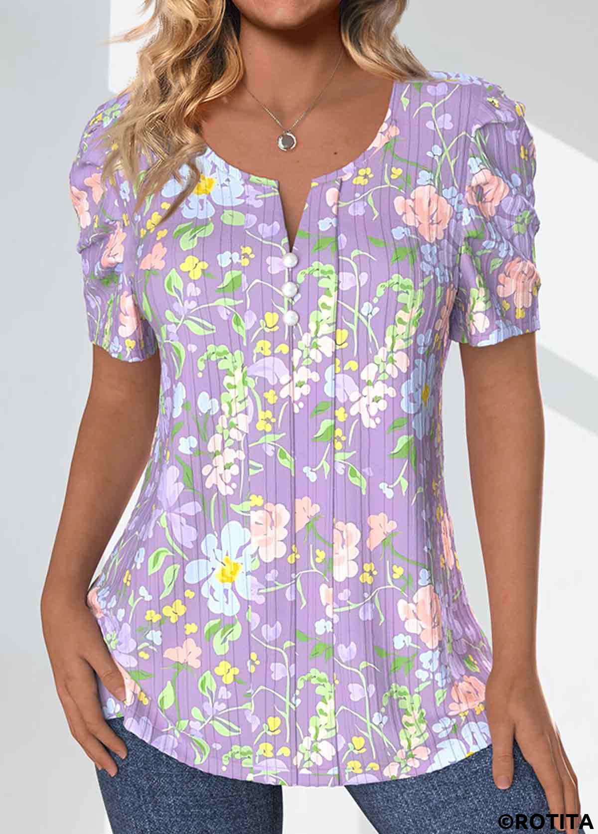 ROTITA Plus Size Textured Fabric Light Purple T Shirt