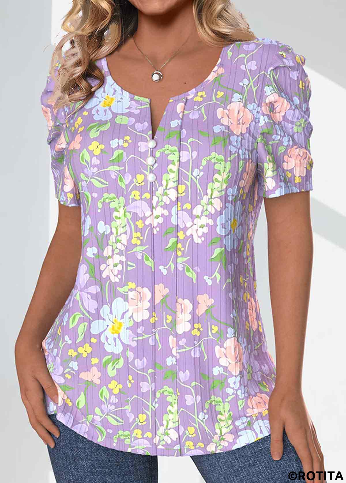ROTITA Plus Size Textured Fabric Light Purple T Shirt