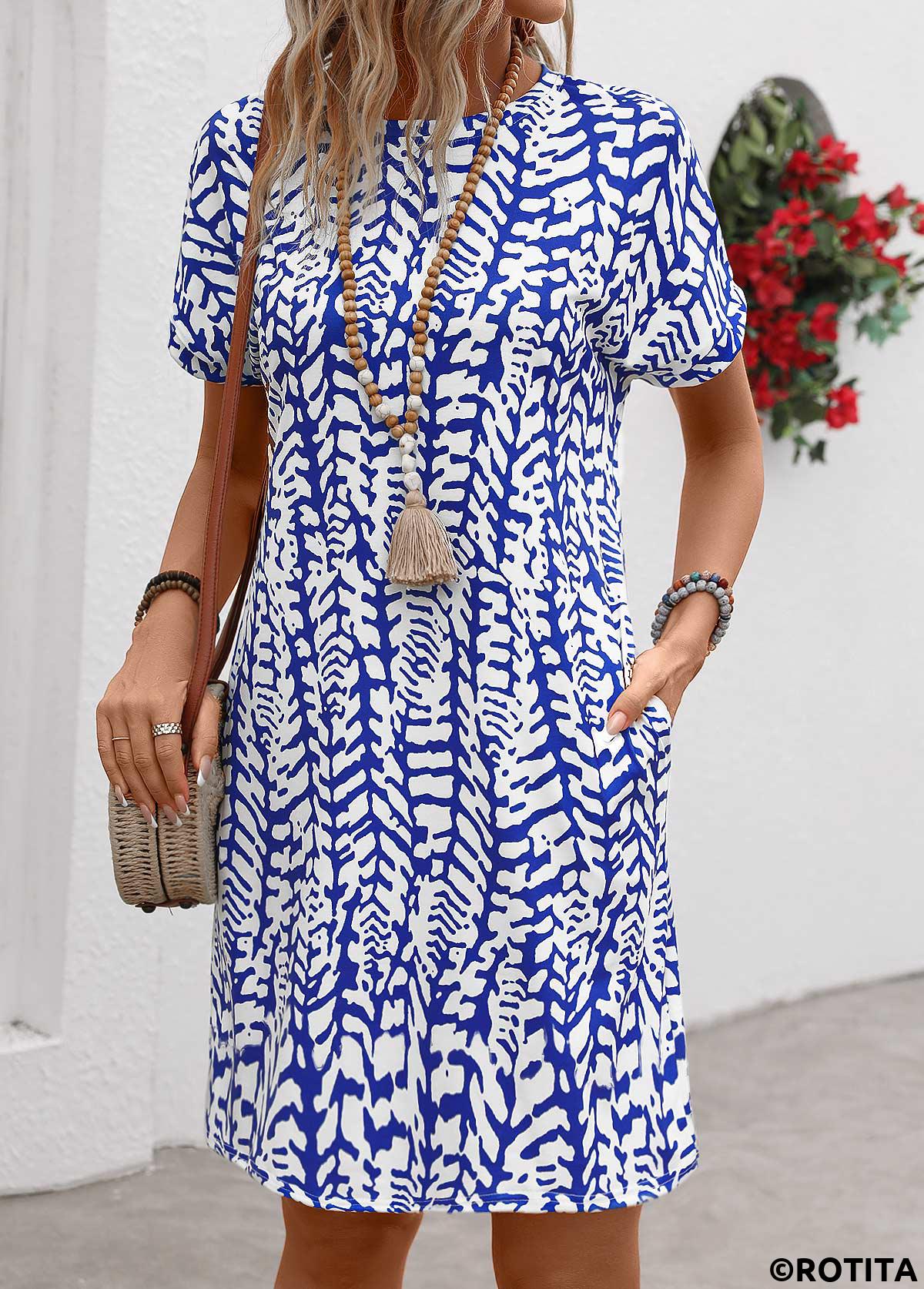 Dark Blue dresses,Graphic dresses,Everyday dresses,Casual dresses,Pocket Graffiti Print Dark Blue Round Neck Shift Dress