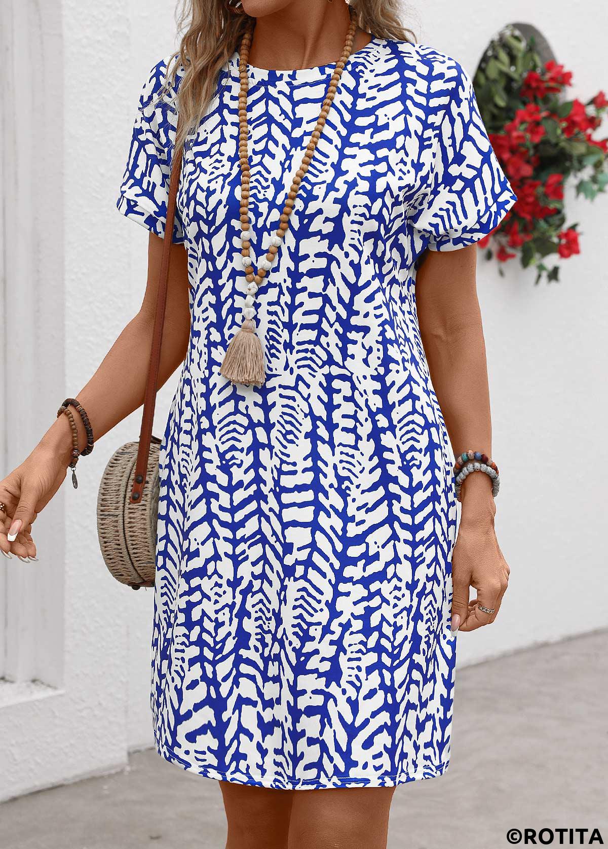 Dark Blue dresses,Graphic dresses,Everyday dresses,Casual dresses,Pocket Graffiti Print Dark Blue Round Neck Shift Dress