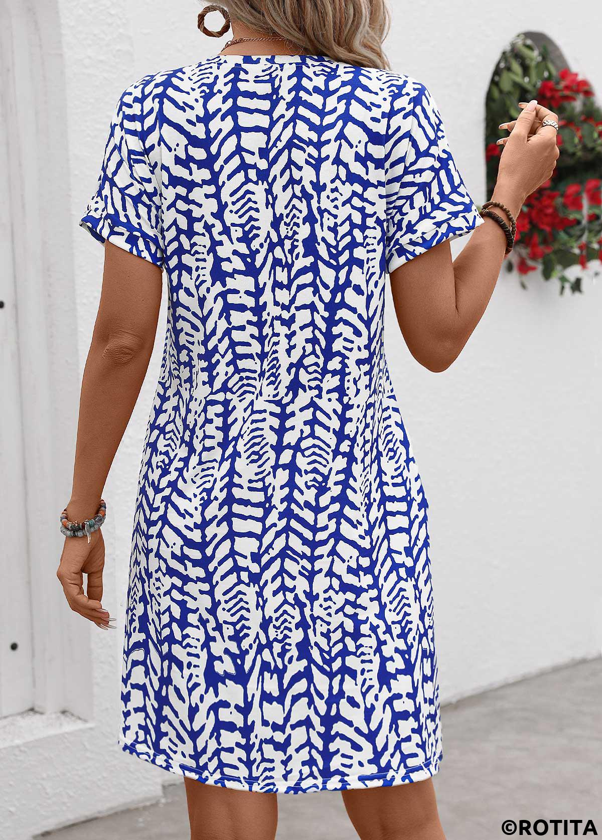 Dark Blue dresses,Graphic dresses,Everyday dresses,Casual dresses,Pocket Graffiti Print Dark Blue Round Neck Shift Dress