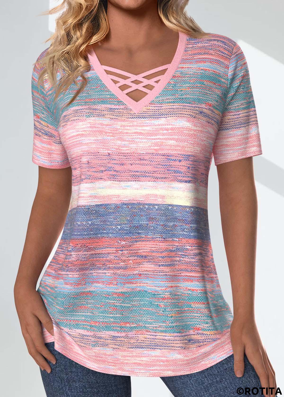 Pink plus size,Striped plus size,Geometric plus size,ROTITA Plus Size Criss Cross Pink Striped T Shirt