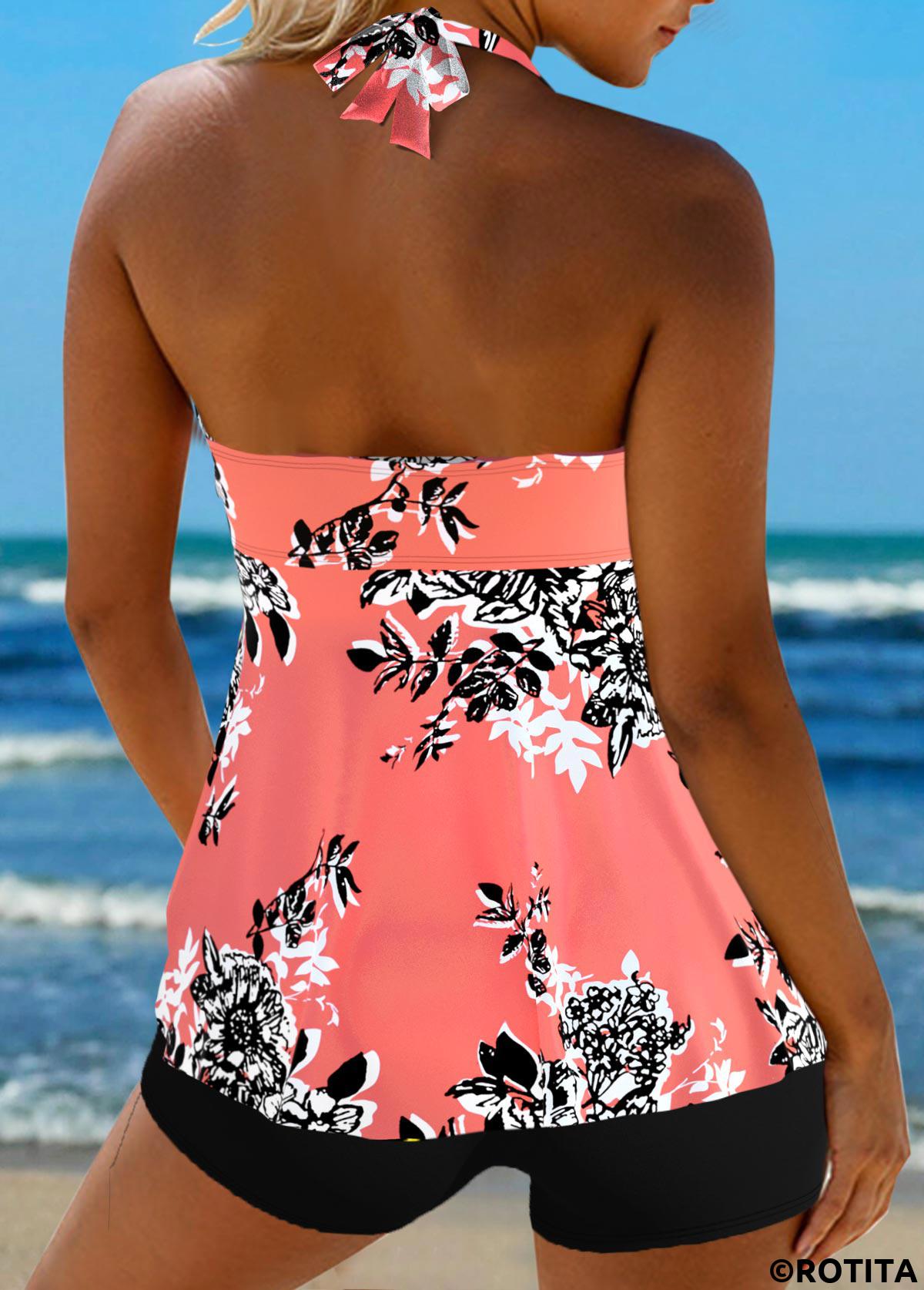 Coral swimwear,Floral swimwear,Plants swimwear,ROTITA Criss Cross Coral Floral Print Tankini Top