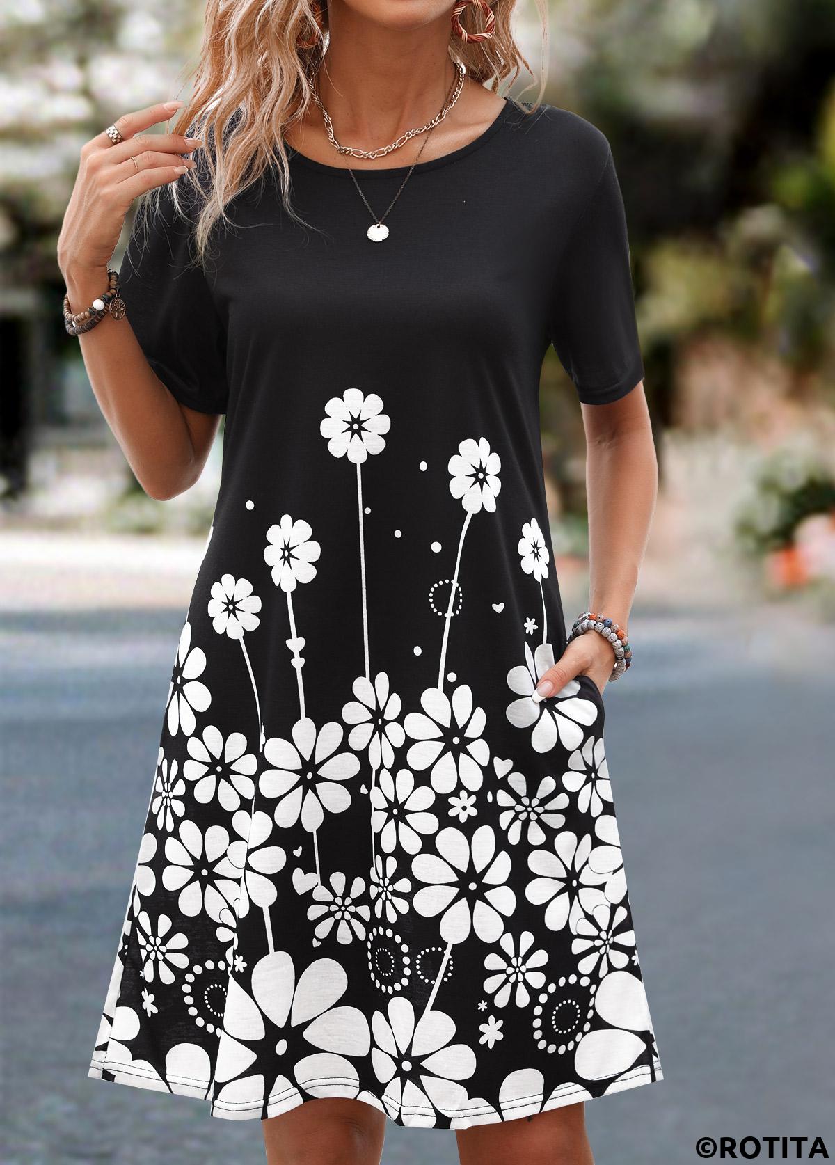 Black dresses,White dresses,Floral dresses,Plants dresses,Dot dresses,Everyday dresses,Casual dresses,Pocket Floral Print Black Round Neck Shift Dress