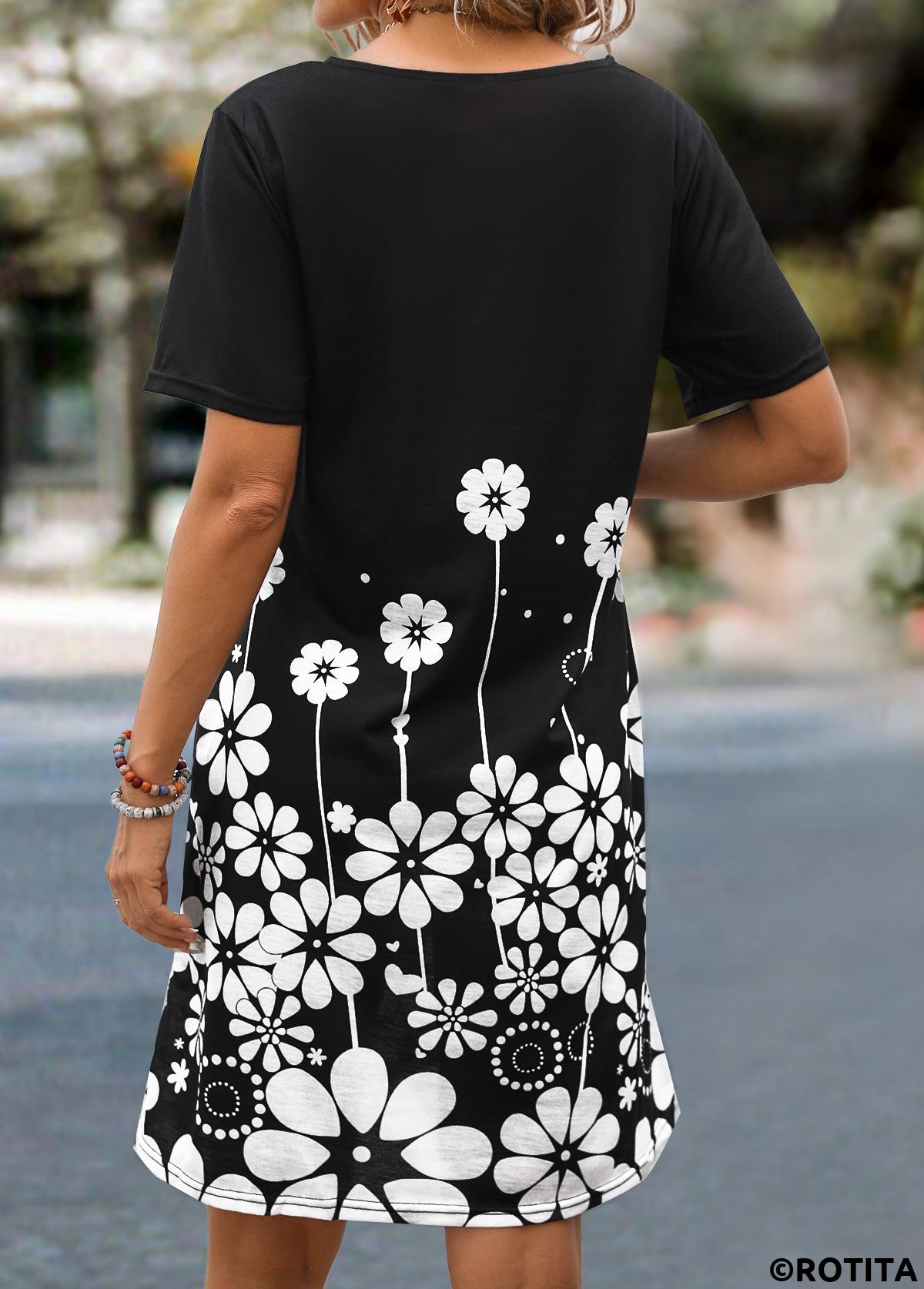 Black dresses,White dresses,Floral dresses,Plants dresses,Dot dresses,Everyday dresses,Casual dresses,Pocket Floral Print Black Round Neck Shift Dress