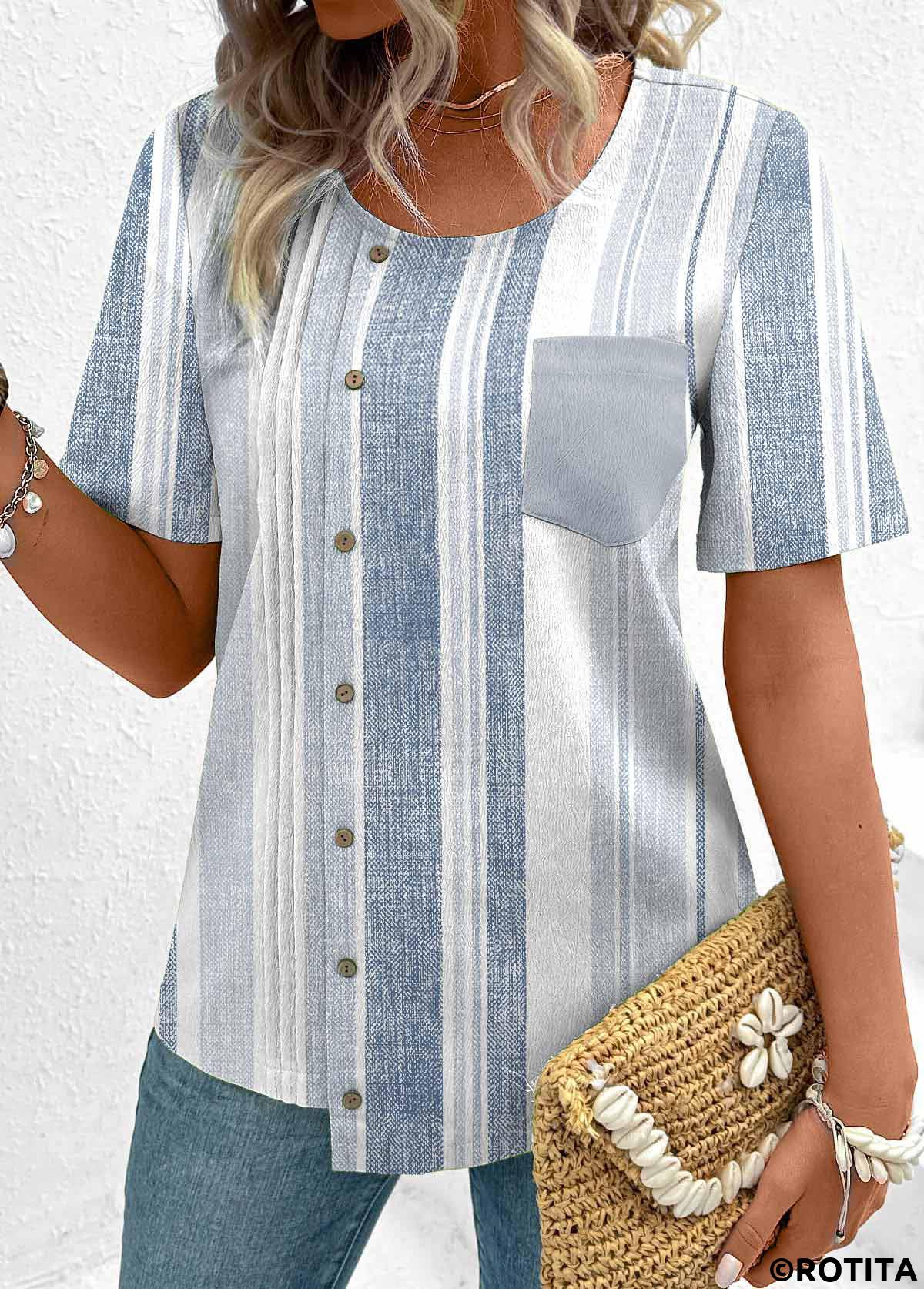 Dusty Blue tops,Striped tops,Geometric tops,ROTITA Asymmetry Multi Stripe Print Dusty Blue Round Neck Blouse